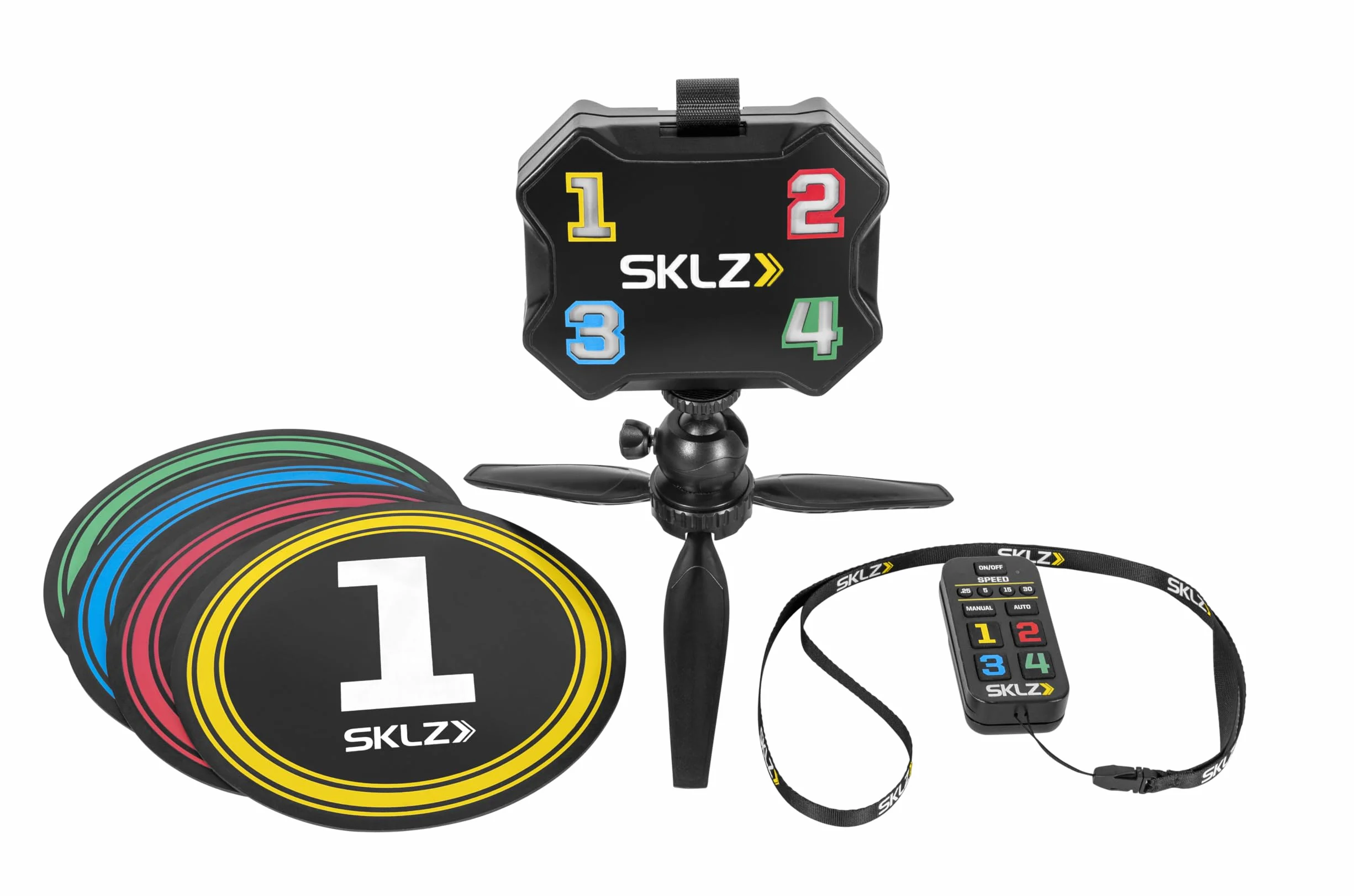 SKLZ Coach di Agilità Reattiva,migliora Il Tempo di Reazione,Include Numeri Illuminati,impostazioni di velocità,per allenamenti Indoor e Outdoor,con treppiede e Cinghia,Colore - Multicolore.