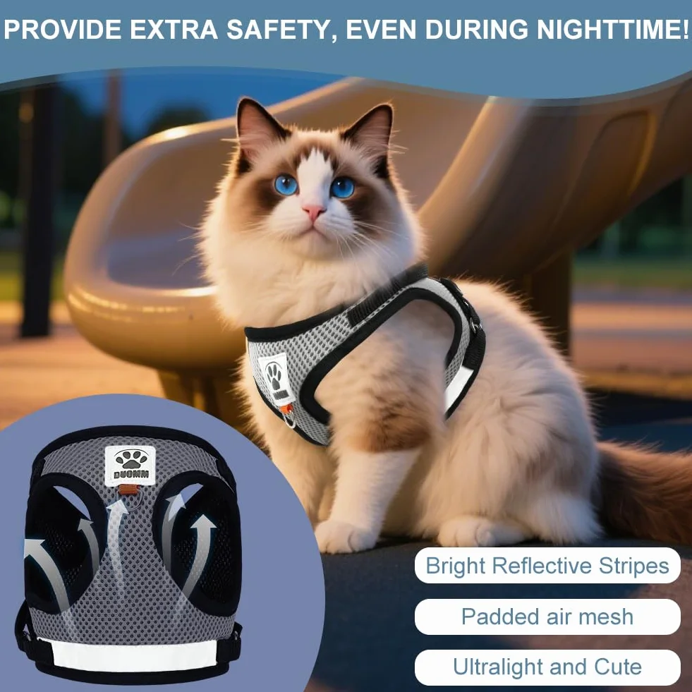 AUYAO Pettorina per Gatti– Set Antifuga Regolabile e Traspirante per Gatti Piccoli/Medi, Design Riflettente per Passeggiate Notturne, Comfortevole e Sicuro (Grigio-Nero, S)
