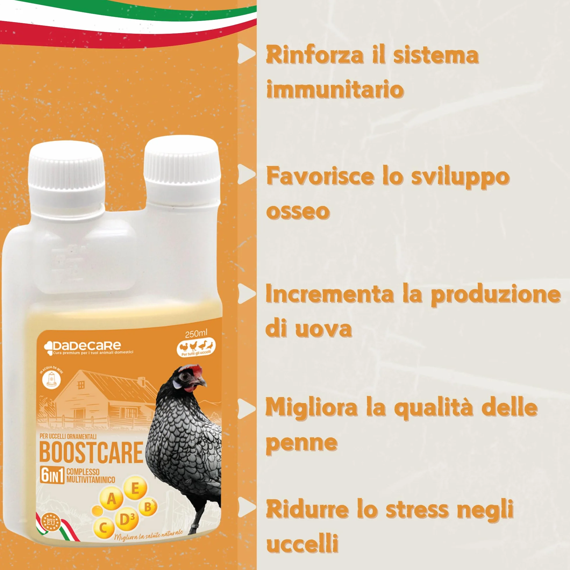 Multivitaminico 6 in 1 250ml Uccelli Vitamine A-E-D-C-B Mangime Complementare per Abbeveratoio Galline Polli Piccioni Pappagalli Parrocchetti con Dosatore Boostcare