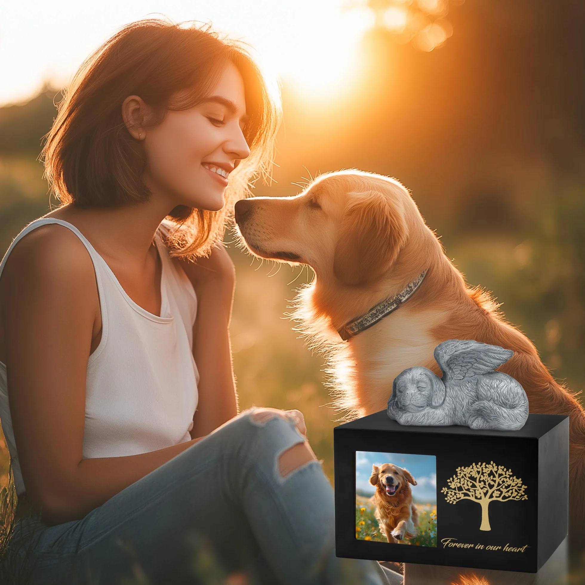 Urna per ceneri di cane in legno nero con cornice per foto e statua di cane in resina 25kg