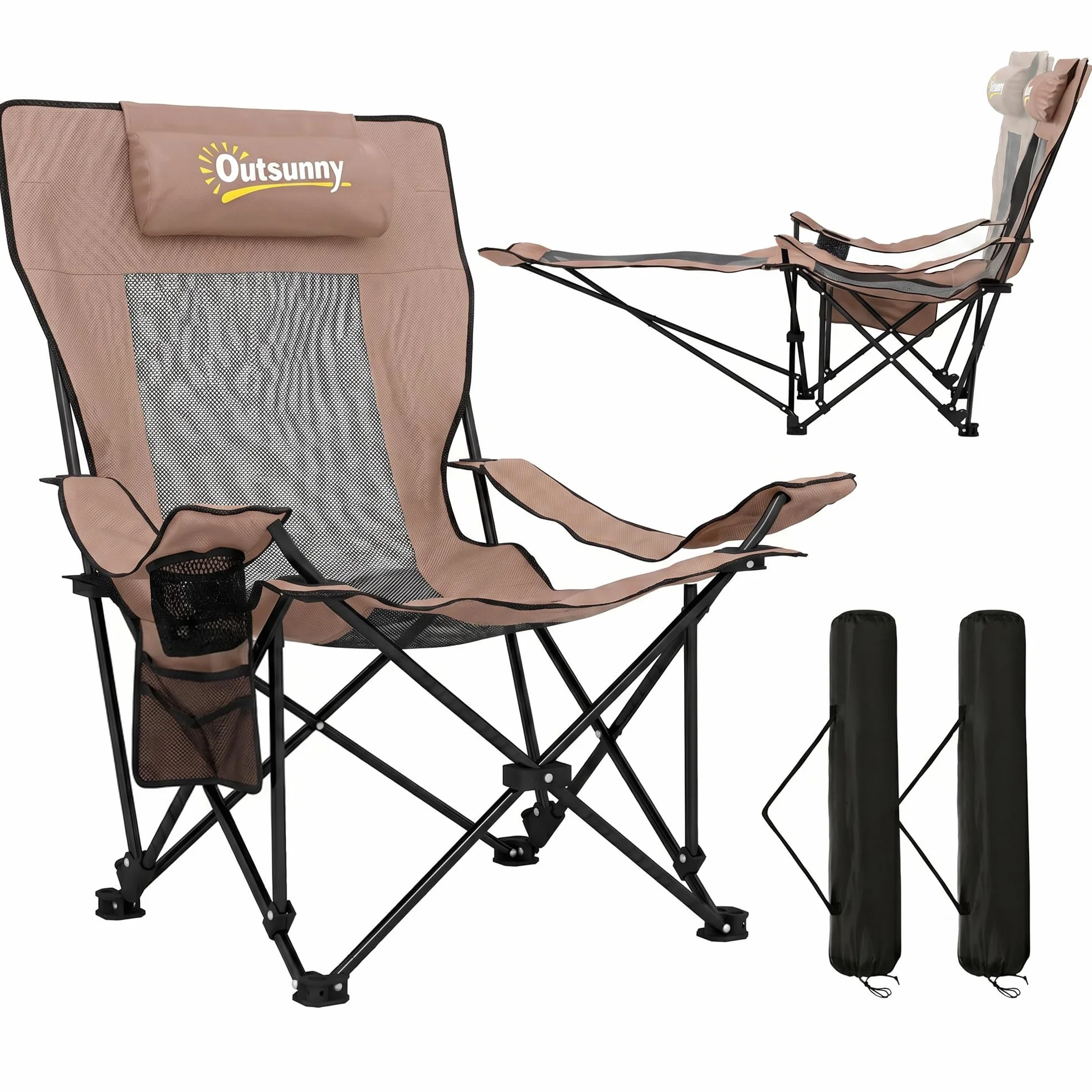 Outsunny Set 2 Sedie da Campeggio Pieghevoli con Poggiapiedi Staccabile, Portabicchieri e Tasca Laterale, Sedie da Giardino in Tessuto Oxford e Metallo, 165x80x90 cm, Marrone e Nero