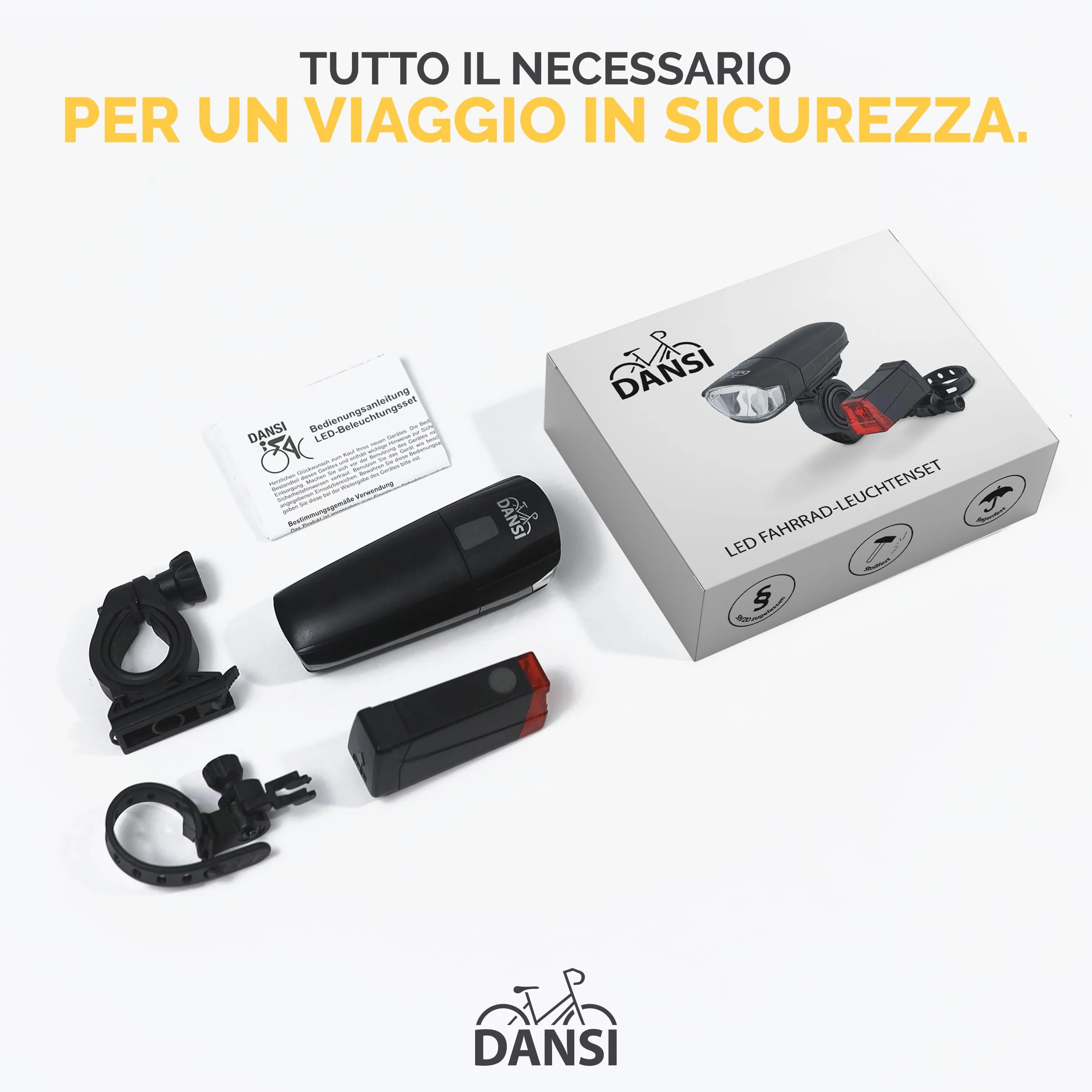 DANSI LED Light Set - Illuminazione per biciclette omologata StVZO con 60, 30 e 15 Lux | Illuminazione per biciclette a LED anteriore + posteriore | Regolazione automatica dell'illuminazione