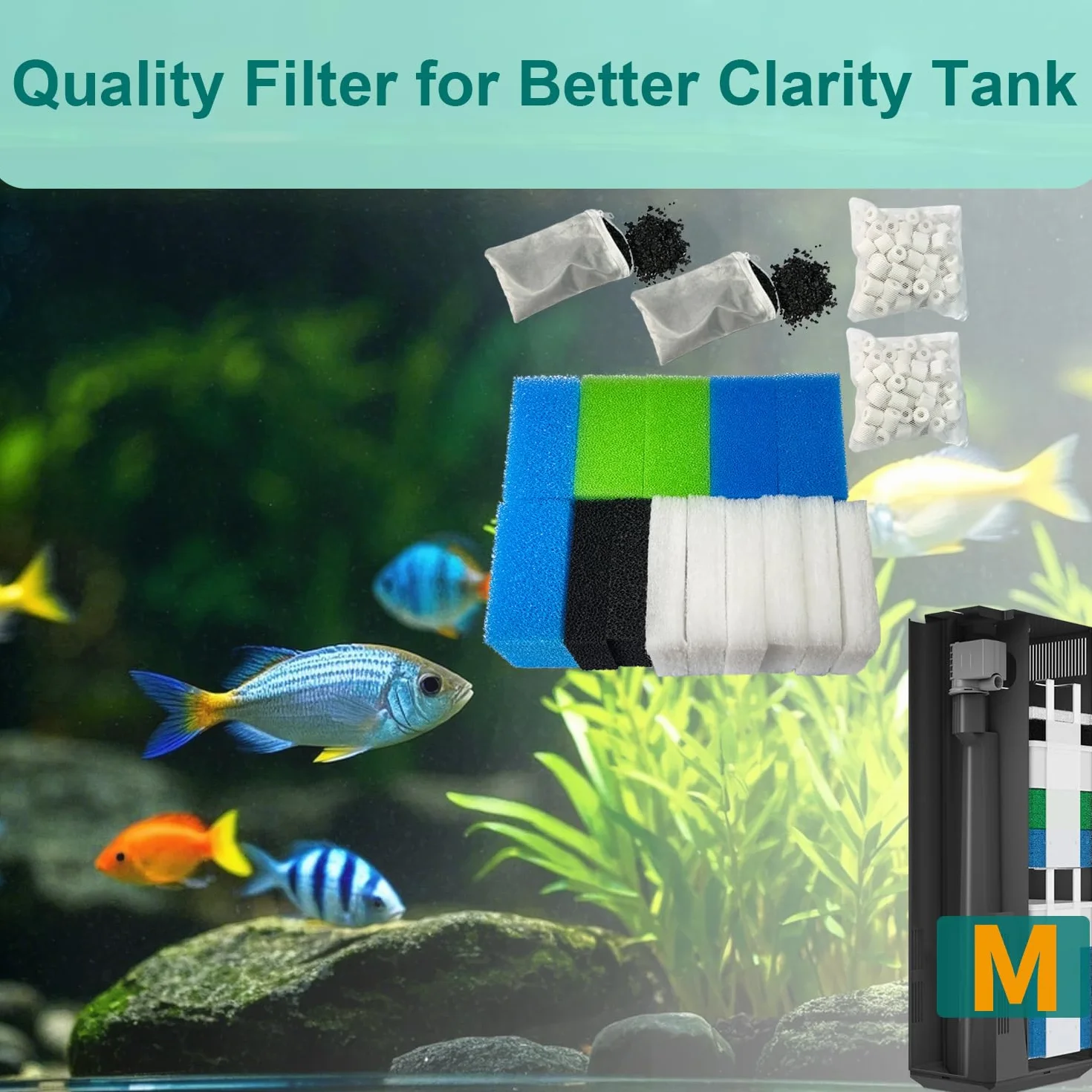Set di filtri per acquario compatibile con Juwel Bioflow 3.0 M (2 spugne sottili blu, 2 spugne grosse blu, 2 spugne verdi, 2 spugne ai carboni attivi, 6 ovatta filtrante, 2 filtri al carbone