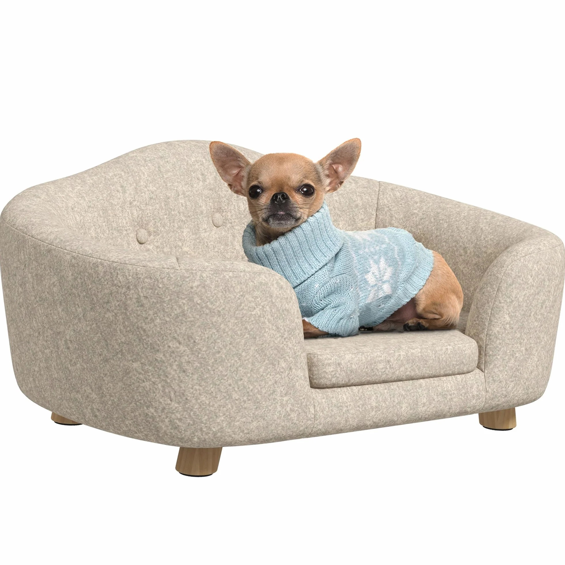 PawHut Divano per animali domestici, letto per cani, divano per cani, divano con cuscino, tasca posteriore in peluche, in legno di pino bianco, 70 x 47 x 30 cm
