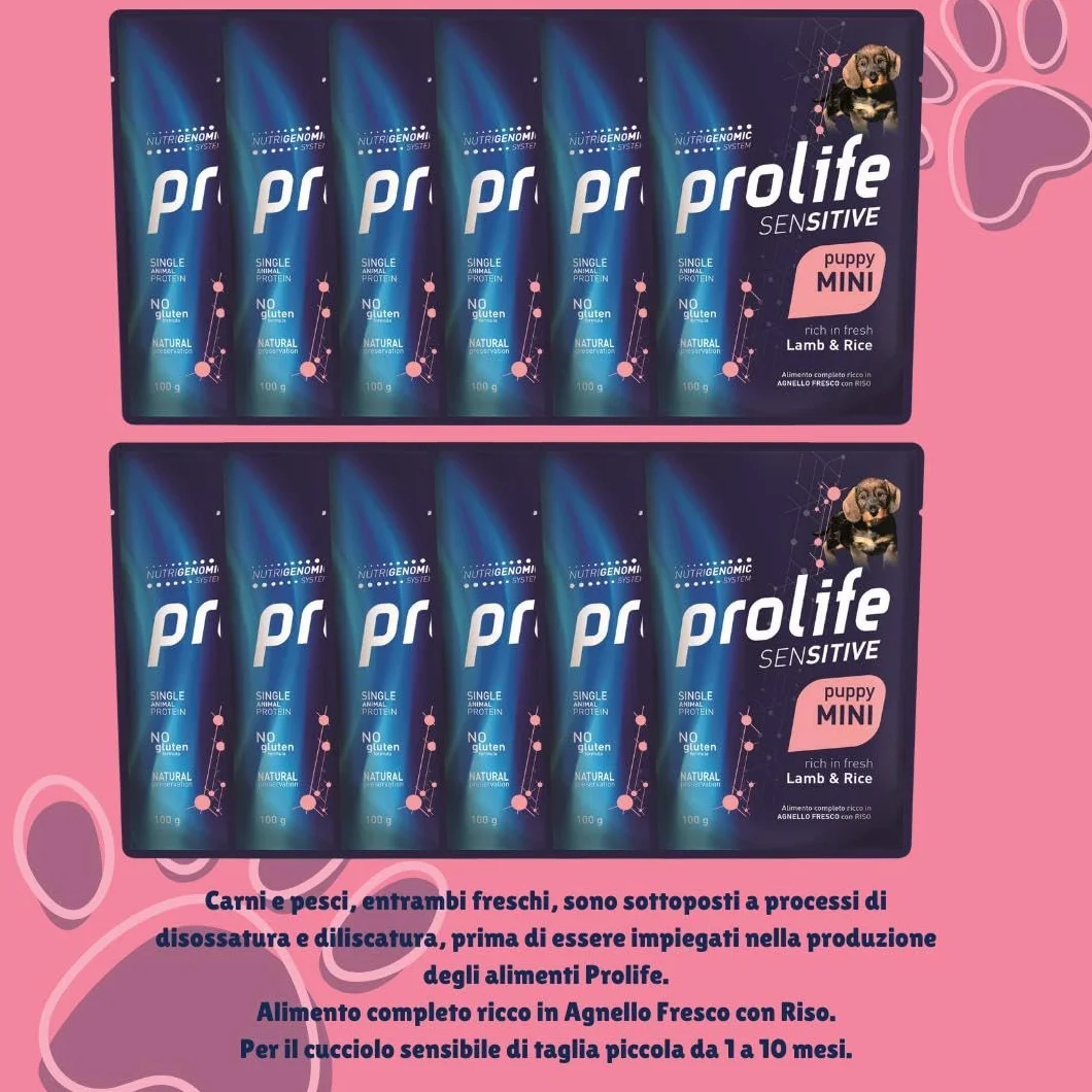 Prolife Umido Cane Sensitive Puppy Small Mini 100gr, alimento completo per cani cuccioli di tutte le taglie gusto AGNELLO e RISO | 12 bustine da 100 grammi l’una.