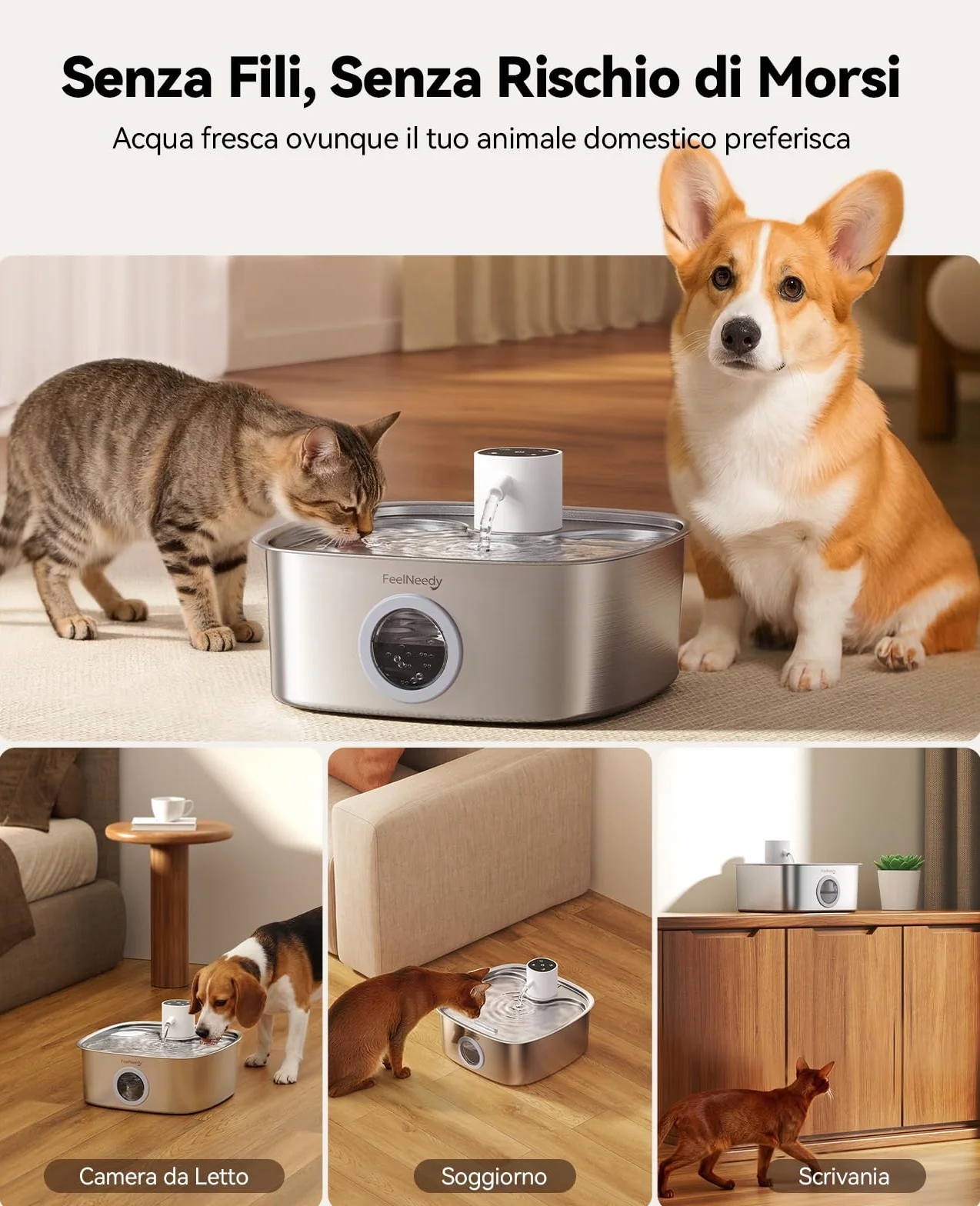 FEELNEEDY 8L Fontanella per Gatti senza Fili, 5000 mAh Batteria Fontanella per Cani Acciaio Inox con 3 Filtri, Fontana per Gatti con Sensore Radar di Movimento, Lavabile in Lavastoviglie