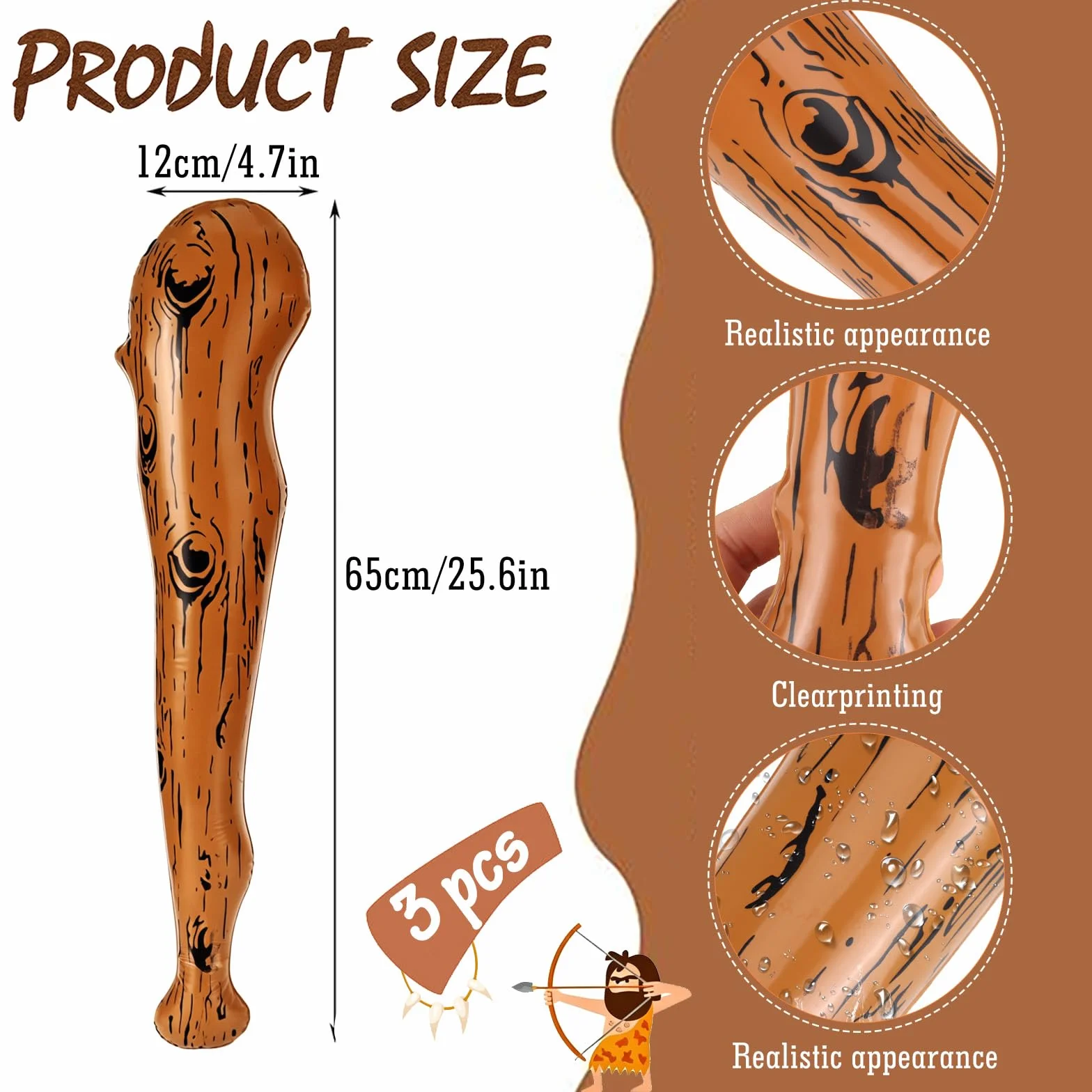 Clava Gonfiabile Mazza da Baseball Bastone Legno Halloween Carnevale 3 Pezzi