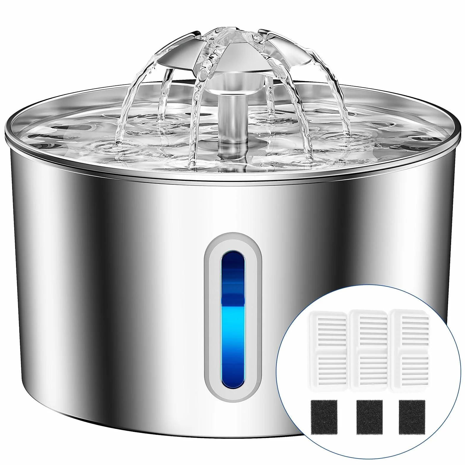 Fontanella per Gatti Acciaio Inox, 2,2L Fontana per Gatti Super Silenzioso, Sistema di Filtraggio Quadruplo, Facile da Pulire, Fontanella Gatto con LED, 3 Filtri a Carboni Attivi