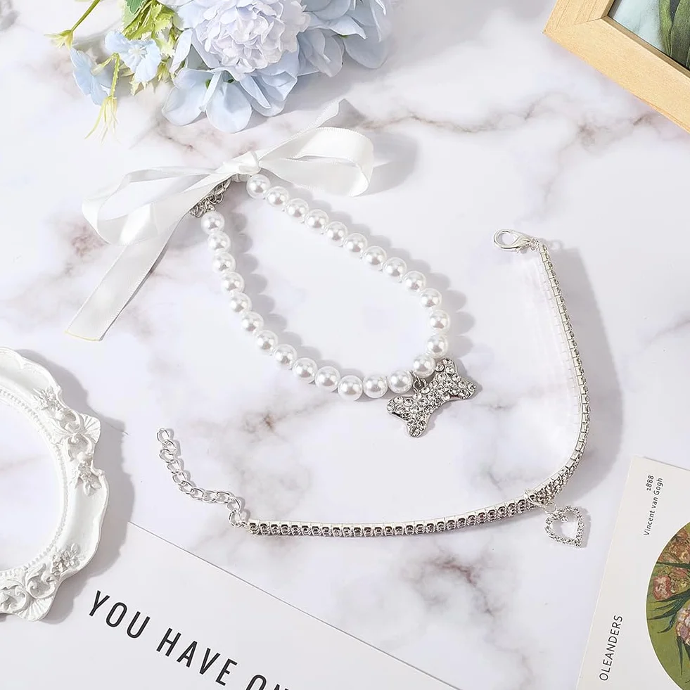 CREATCABIN Collana per Cani Strass Bling Regolabile Fiocco Bianco Perle Finte Ciondolo Collari per Gatti Cucciolo 28cm 25.8cm