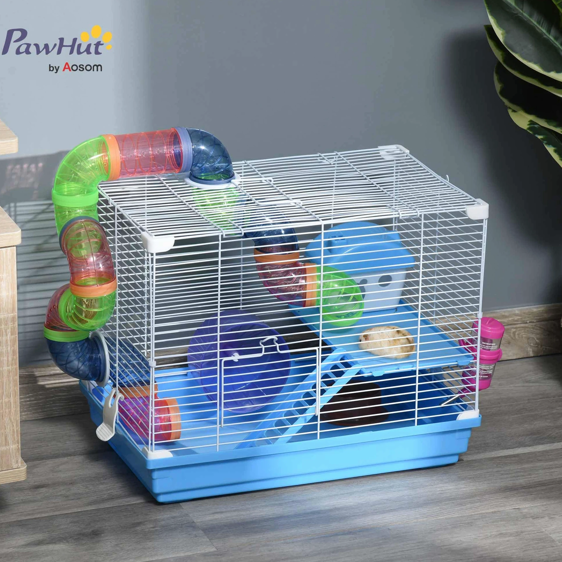 PawHut Gabbia per Criceti a 2 Livelli con Tunnel 46x30x37cm Blu e Bianca | Serbatoio per Acqua, Vassoio Rimovibile, Ruota per Criceti
