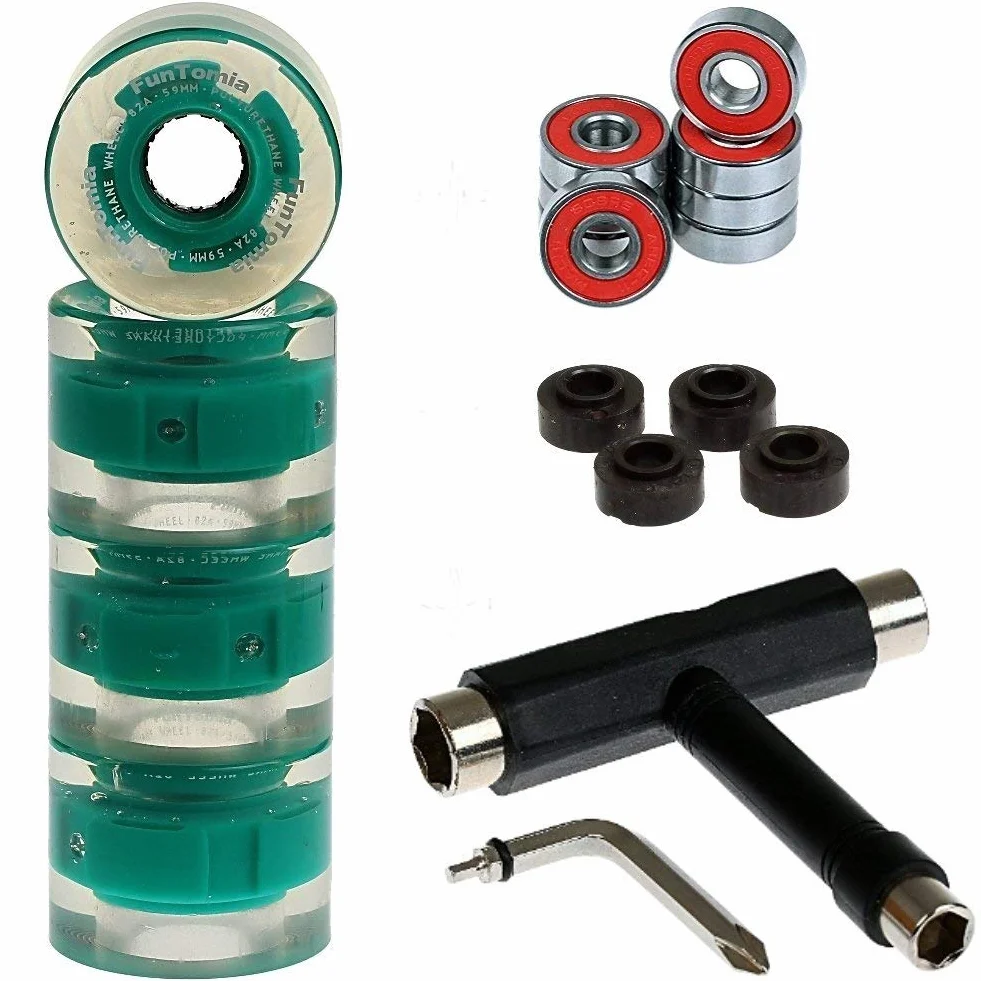 FunTomia 4 Pezzi LED Longboard/Skateboard/Miniboard Ruote (Big Wheels) 59x45 mm 82A incl. Mach1 Cuscinetti a Sfera, Magnete Spacer e T-Tool
