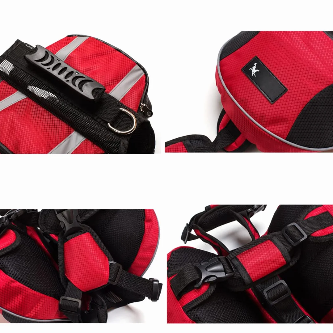 Borsa da Sella per Cani Medio e Grande - Zaino Imbracatura per Viaggio Escursionismo Sport all'aperto, Alforja Regolabile Impermeabile Giubbotto Riflettente con Manico (rosso, M(cane 18kg - 28kg)