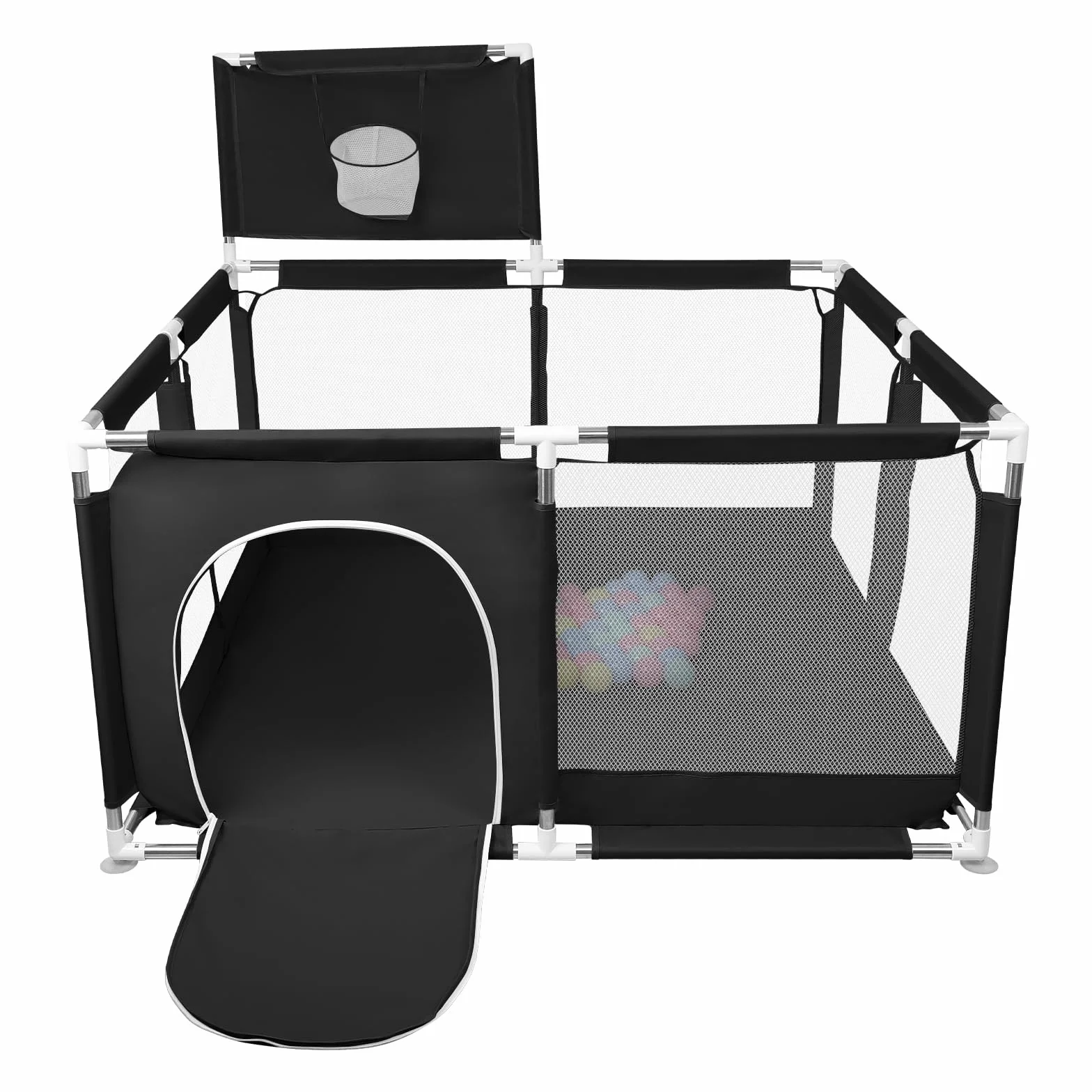 Parco per cuccioli con porta, parco per cuccioli o cani piccoli, recinzione solida in tessuto spesso e rete in nylon ad alta resistenza, lavabile in lavatrice, interno/esterno, 126 x 126 x 66 cm, nero