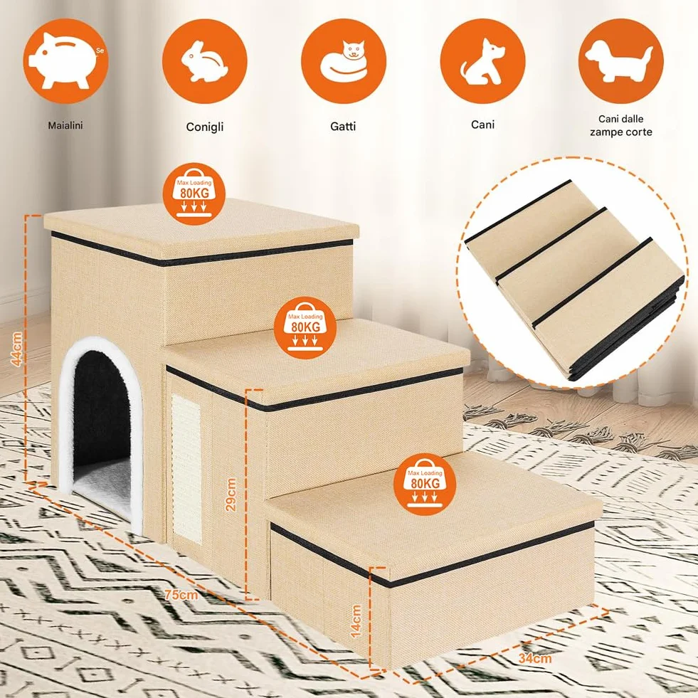 BAKAJI Pieghevole in Poliestere Beige Scala per Cani e Gatti 3in1 con Vano Contenitore e Cuccia Casetta, Gradini Ergonomiche, Fondo Antiscivolo