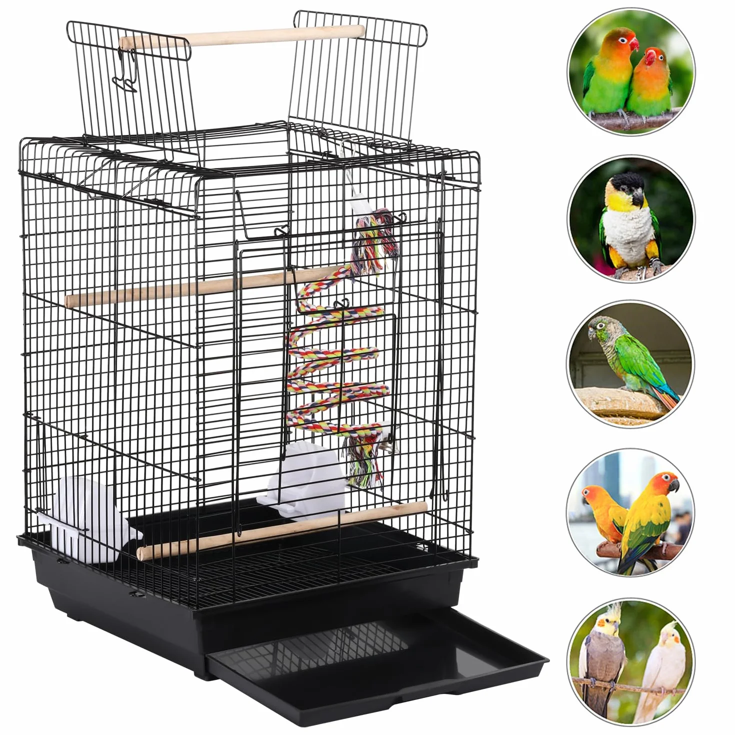Yaheetech Gabbia per Uccelli Pappagalli Inseparabili Voliera in Metallo con Tetto Apribile Posatoio in Legno e Giocattolo 40 x 40 x 58 cm Nero