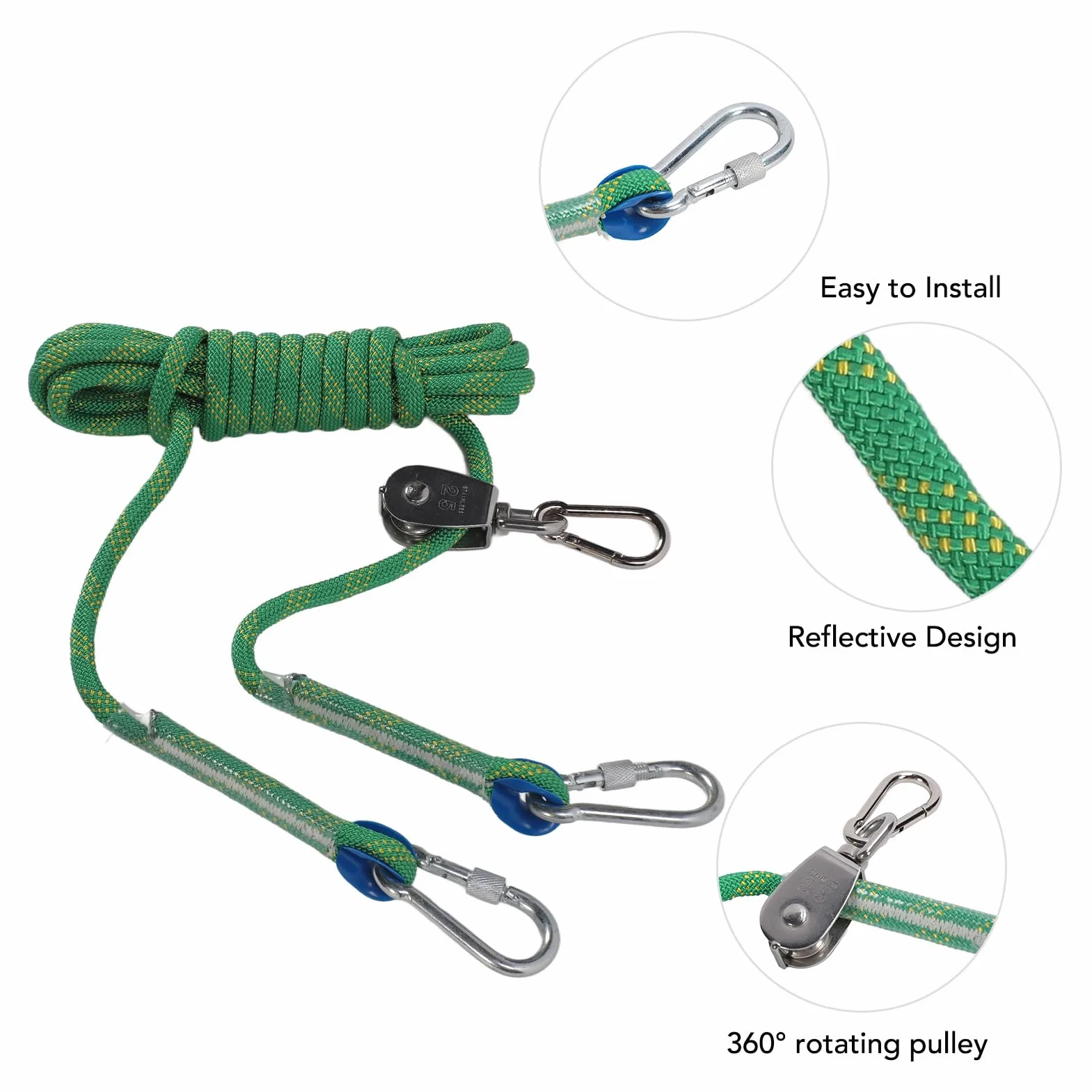 Cavo per Legare Cani, Cavo per Corridori Cani 16,4 Piedi Puleggia Rotante a 360 Gradi Riflettente per Campeggio in Giardino (GREEN)