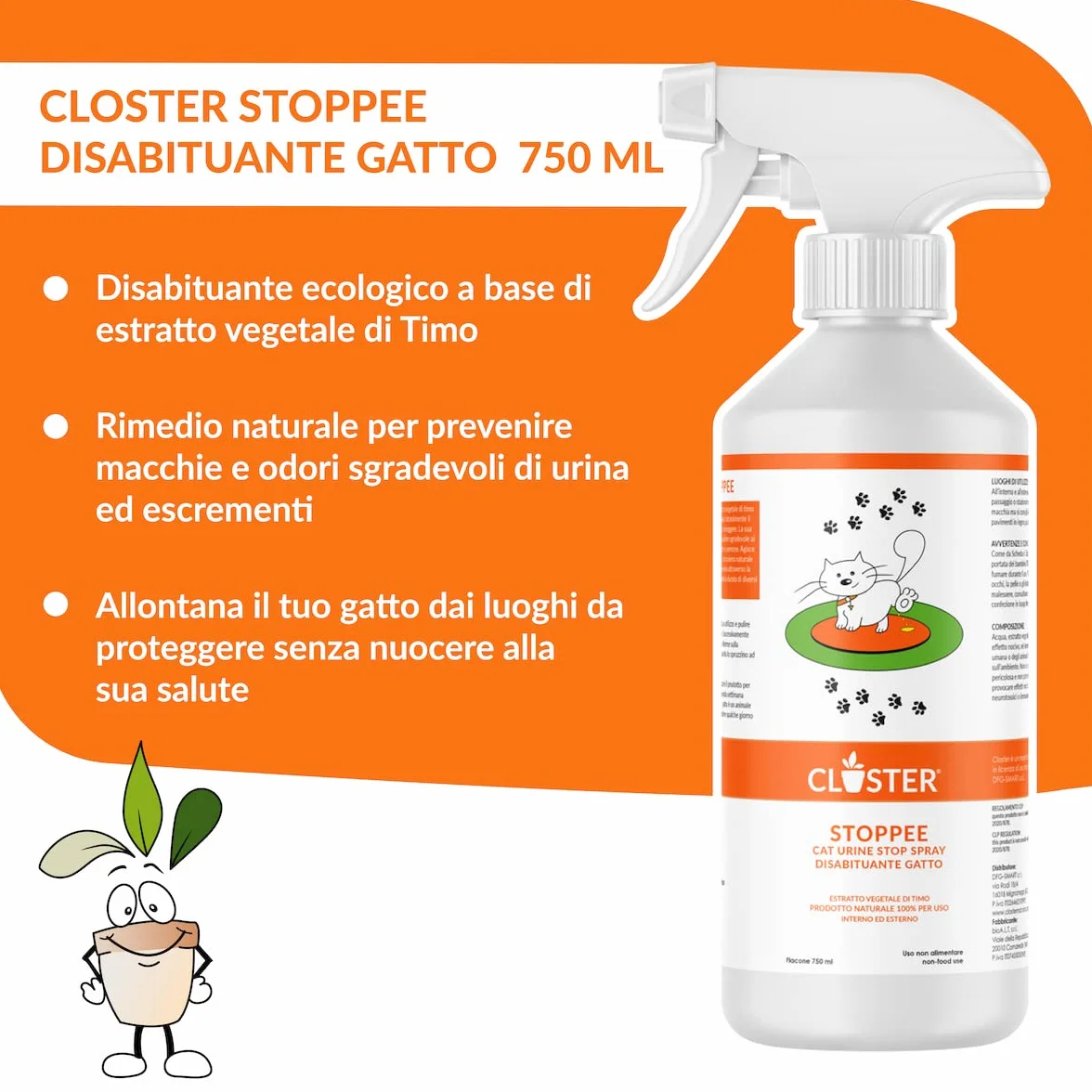 CLOSTER STOPPEE - Disabituante Gatti 750 ML - Spray Disabituante per Gatti vegetale a Base di Timo - Dissuasore per Gatti per Interni ed Esterni - deterrente per Gatti agisce in Modo 100% Naturale