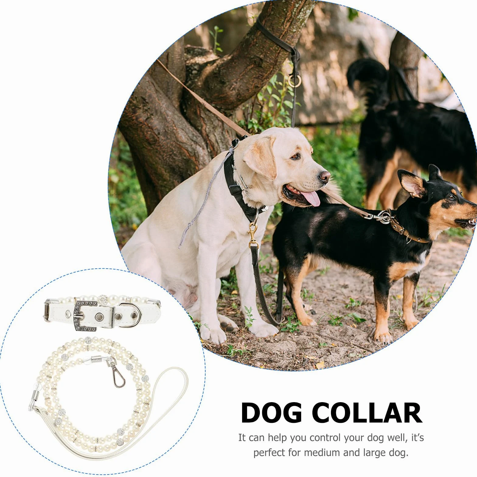ibasenice Set Collare e Guinzaglio per Cane 2 Pezzi in Pelle Pu Bianco, Collare Regolabile Perle Finte, Flessibile, per Feste e Foto Cuccioli