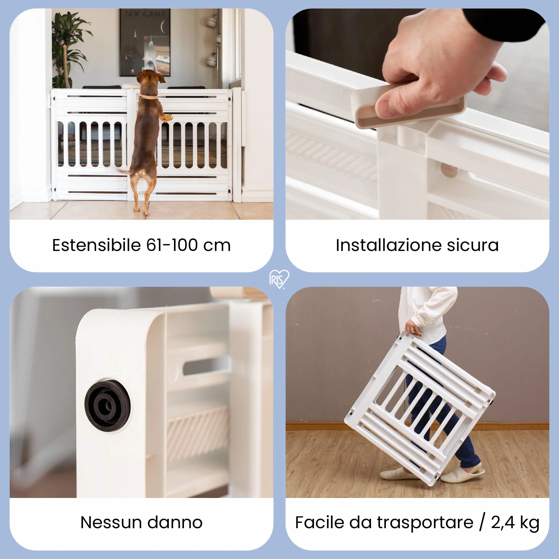 Iris Ohyama, Barriera, Recinzione di Sicurezza per Scale in Plastica (PP) per Cani, Gatti, L61 x P5 x A64 cm, Estensibile, Senza Foratura, Corridoio, Cucina, PBR-600, Grigio