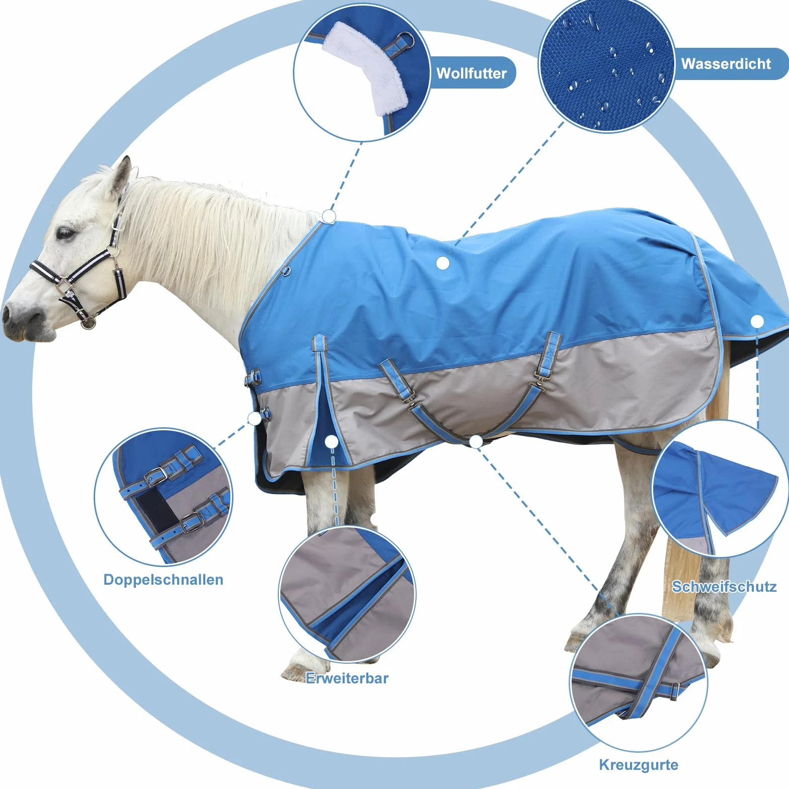 1200D Coperta per cavalli resistente allo strappo senza imbottitura (0g), Coperta da esterno leggera, impermeabile e traspirante per cavalli, Blu-Grigio 145 cm