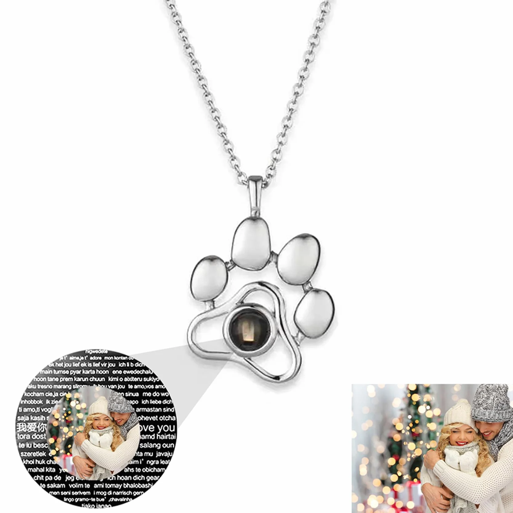 Collana personalizzata con proiezione immagini argento I love you 100 languages