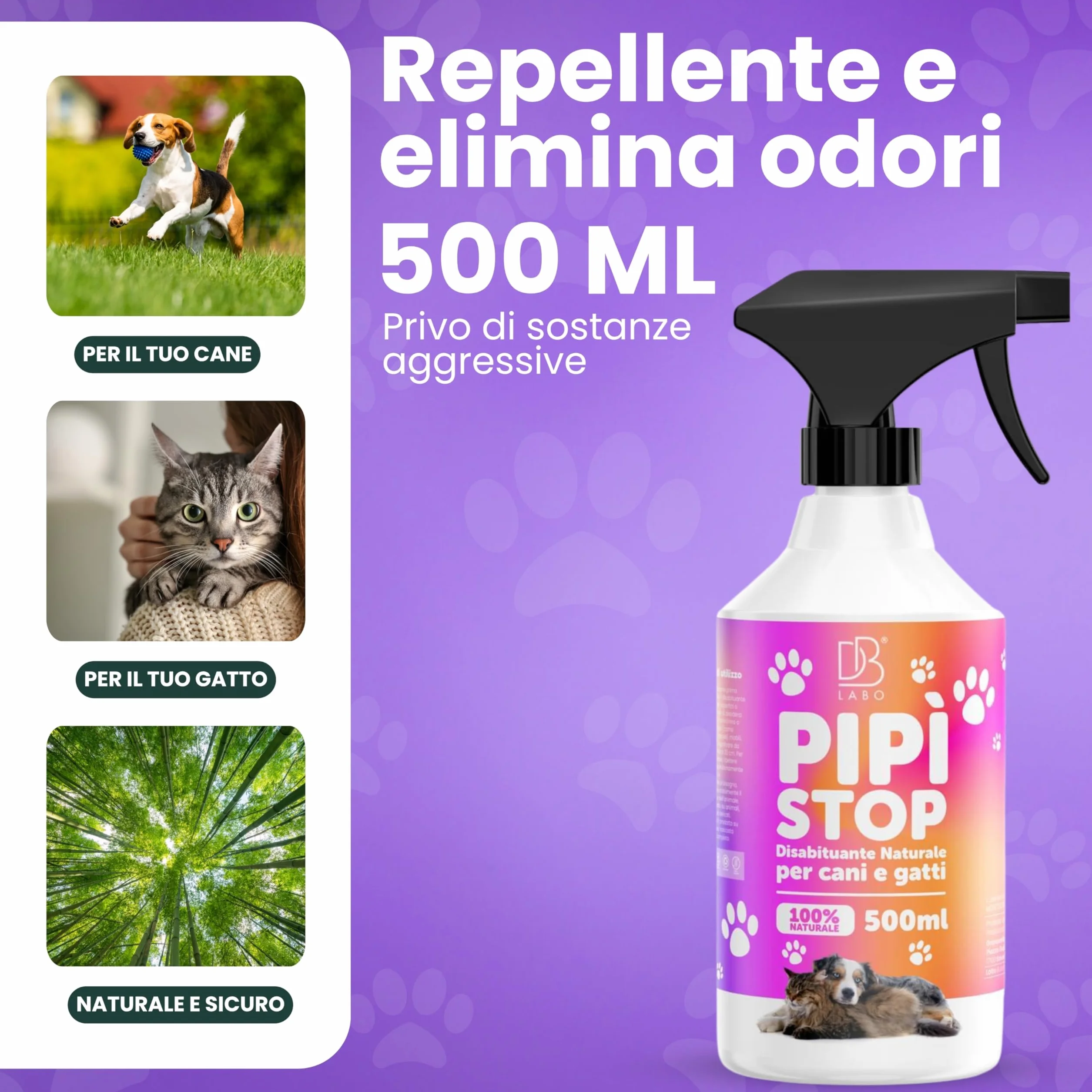 Spray Disabituante per Cani e Gatti 500ml, Repellente per Gatti, Anti Pipi, Dissuasori per Cani, Allontana Animali da Divano, Giardino e Pavimenti, Urine off Gatti, Uso Interno ed Esterno