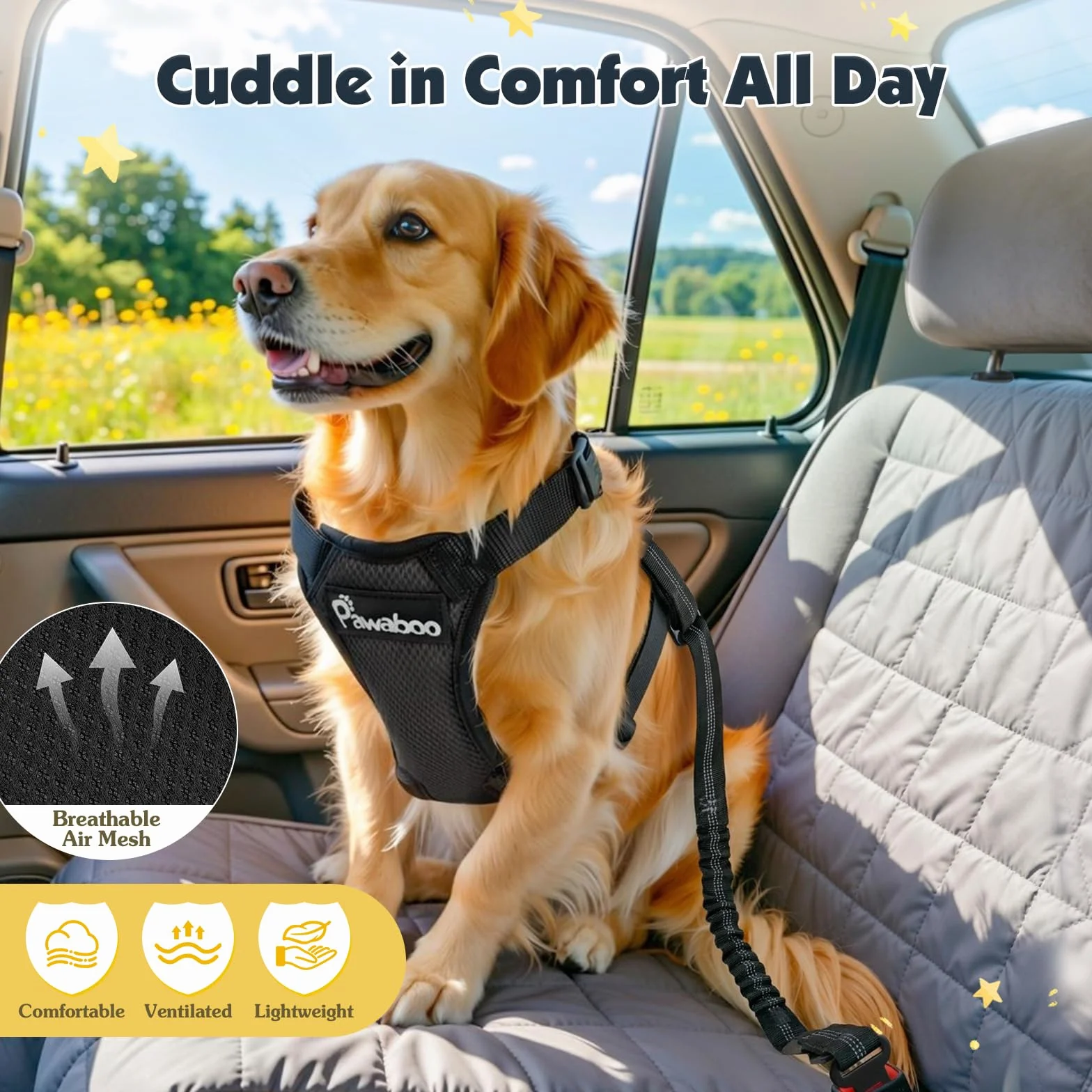 Pawaboo Cintura di Sicurezza per Cani da Auto,Imbracatura Cani Auto con Doppia Clip,Giubbotto Traspirante Regolabile&Cinghia Sicurezza con Elastico per Animali Piccola,Media,Grande, XL, Nero