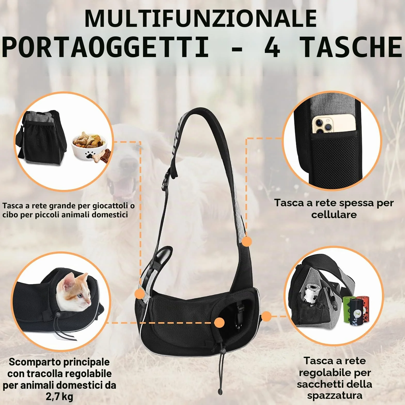 Gloppie Borsa a Tracolla da Viaggio per Cani e Gatti, Trasportino per Animali Traspirante per Esterno Regolabile, Borsa da Trasporto per Animali Domestici per Passeggio/Escursioni/Campeggio，Grigio