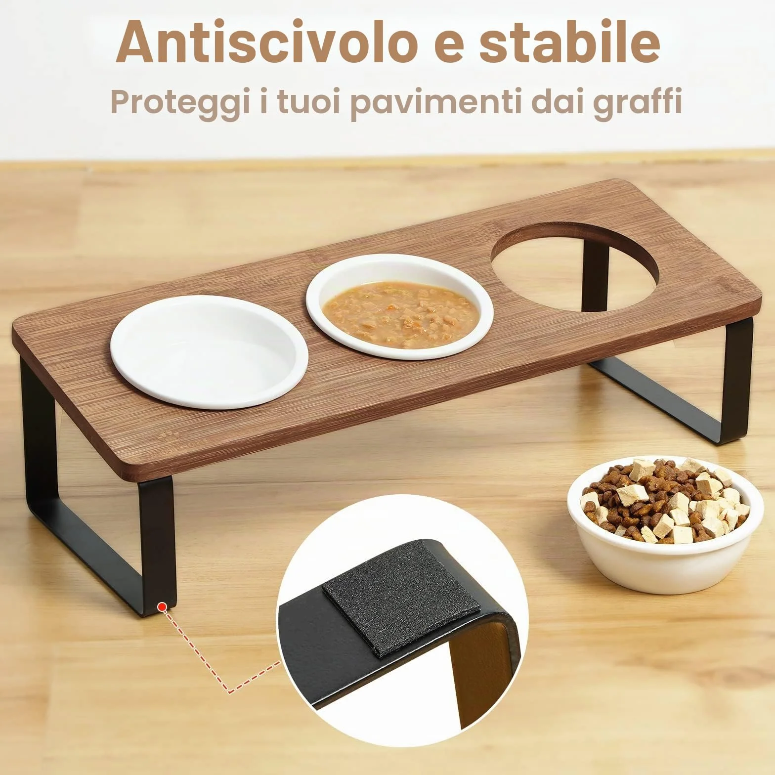 GUUSII HOME Ciotole per Gatti Rialzate 3 in 1 Ciotola Gatto Legno Ceramica 15° Inclinate Set di 3 Ciotole per Alimenti Ø12cm con Supporto in Bambù Inclinato Antiribaltamento