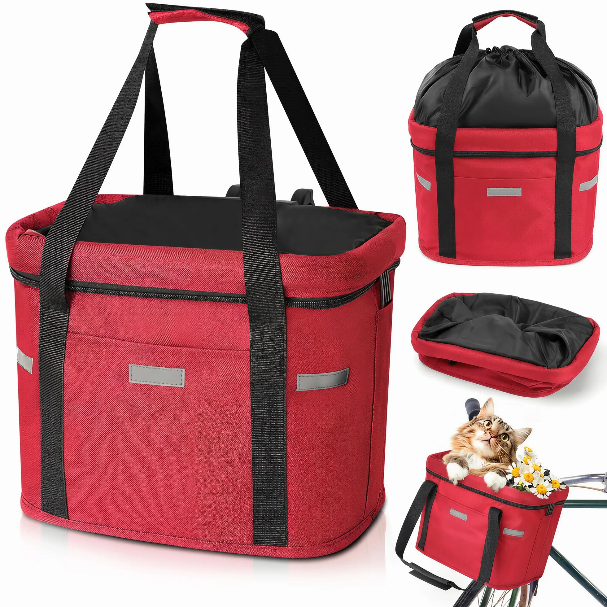 Cestino Bicicletta Anteriore, Cestino Rimovibile per Bicicletta Anteriore con Fissaggio rapido Pieghevole Fino a 5kg di Carico Cestino per Animali,Borsa per la Spesa,Campeggio All'Aperto, Rosso