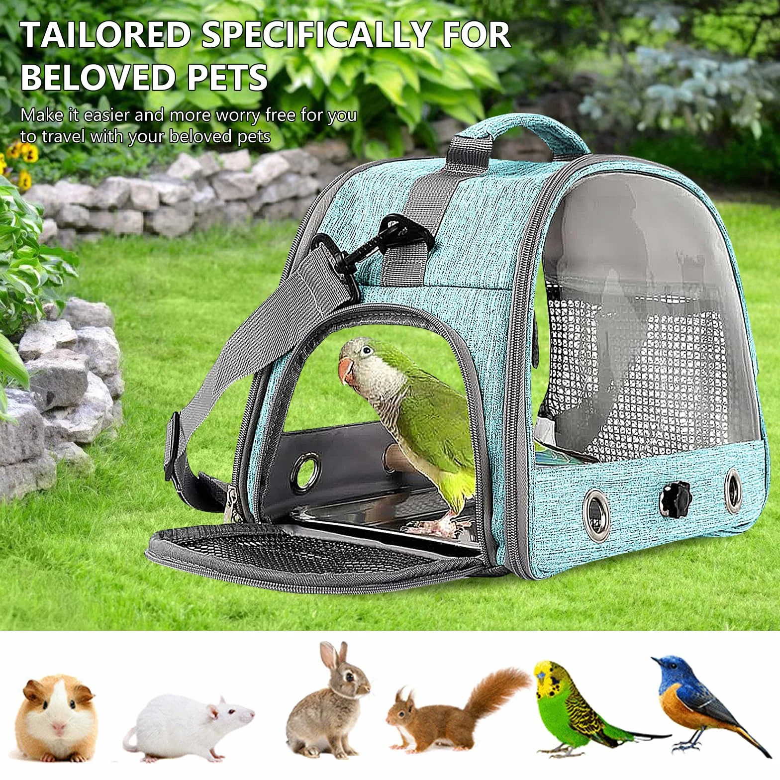 Borsa per il Trasporto di Uccelli con Asta e Vassoio in Acciaio Inox, Zaino Portatile per Pappagalli con Asta di Legno (Blue)