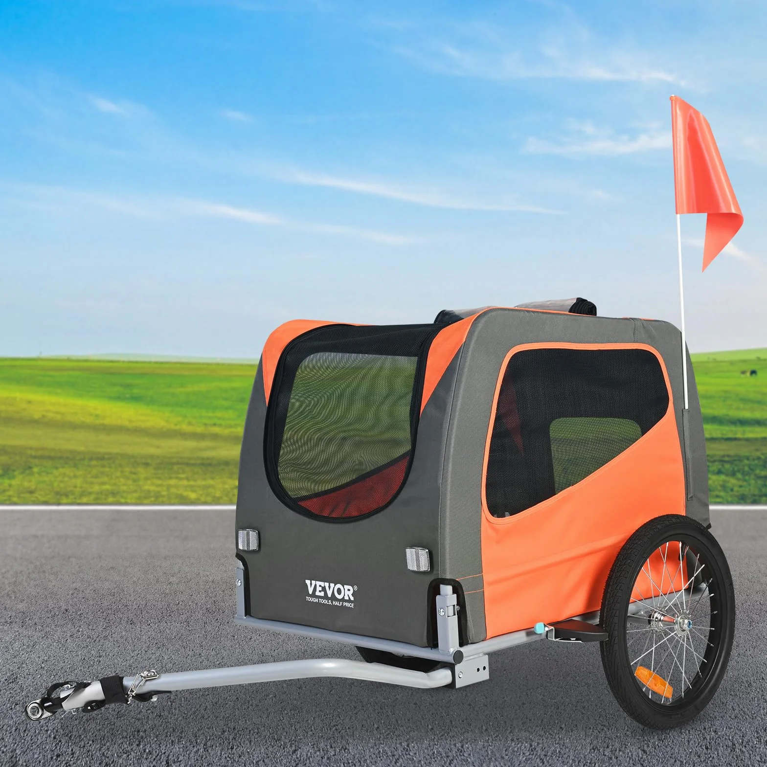 VEVOR Rimorchio Bici per Cani Pieghevole Portata max. 30 kg Passeggino per Animali Domestici con Ruote a Sgancio Rapido Telaio in Acciaio Carrello per Bici Traino Rimorchio Animali Arancione/Grigio