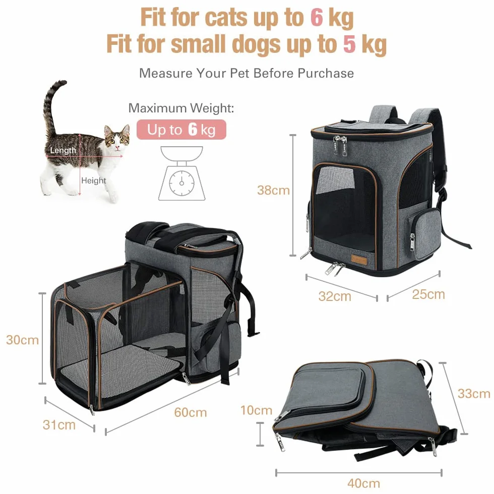 Lekesky Zaino per Cani Gatti Grande Porta Animali Estensibile, Portatile Zaino Trasportino Gatto Pieghevole con Guinzaglio Interno e 2 Tappetini, Per Cani Piccoli Gatti Medi Fino a 5 KG, Grigio