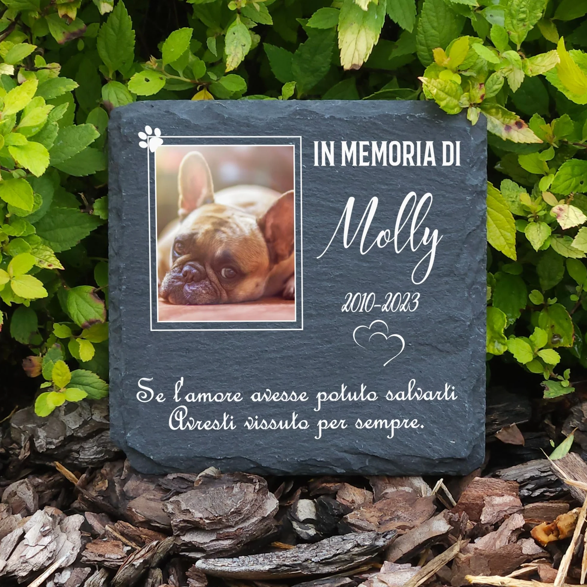 Targa commemorativa personalizzata per animale domestico in pietra d'ardesia 10x10 cm cornice bianca