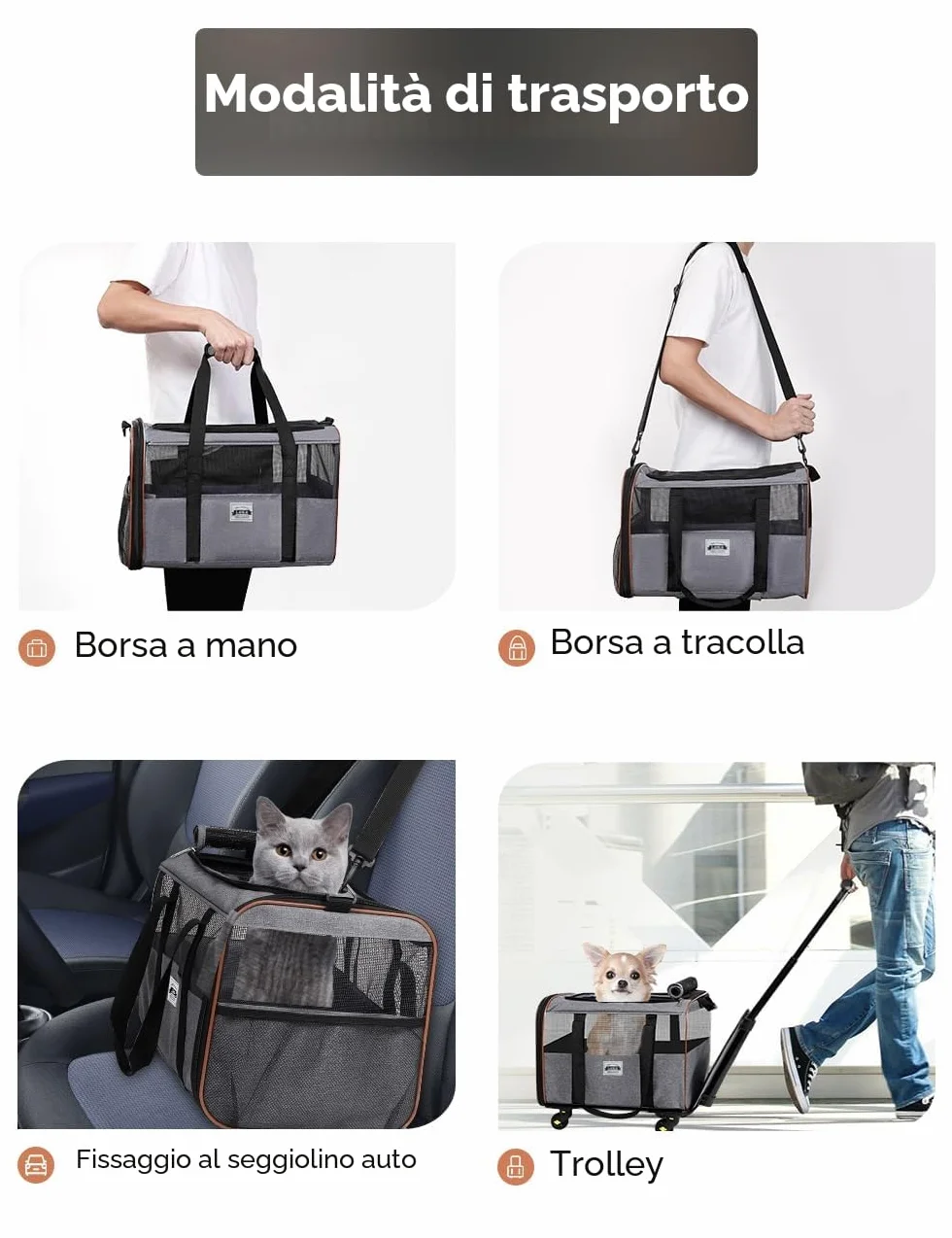 Trasportino per cani e gatti, con ruote, per il trasporto, per auto, con manico telescopico e tracolla, grigio