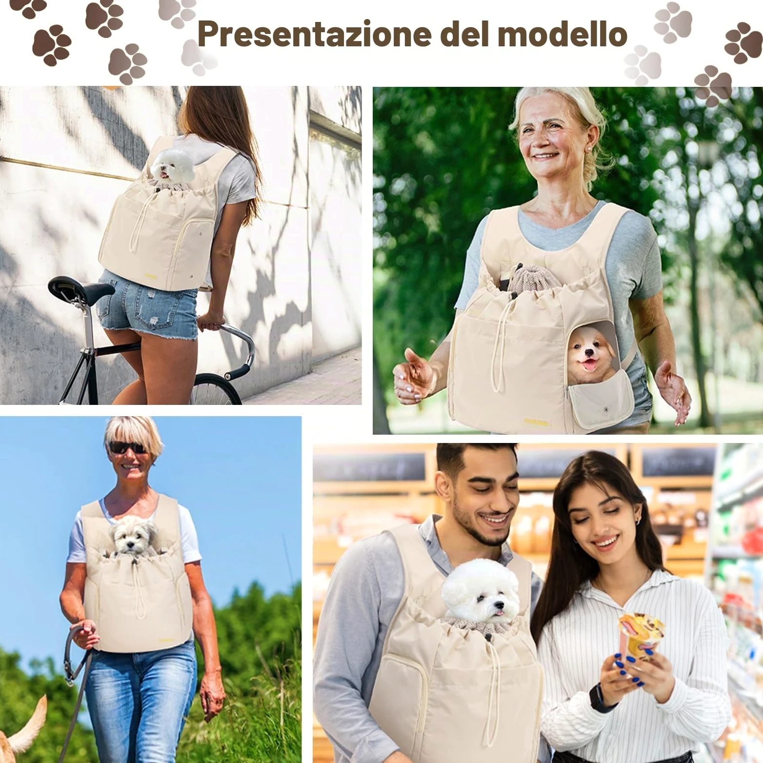 Galatée Zaino anteriore per cani, regolabile, per escursionismo, campeggio, viaggi, bianco sporco