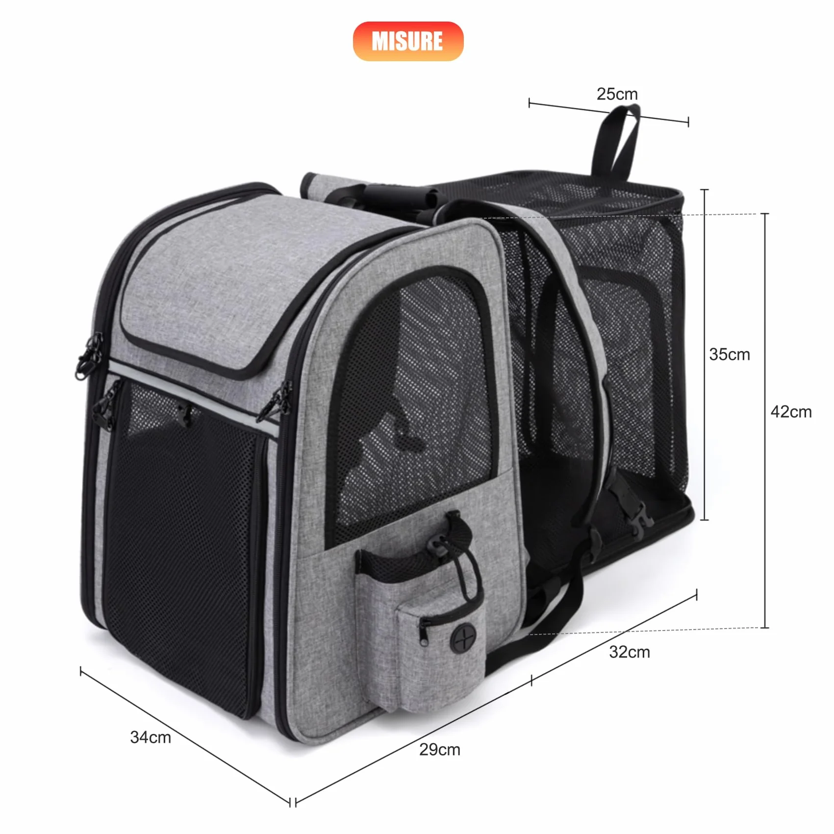 Zaino Trasportino Gatto Cane Estensibile Cuccia Portatile Grande Espandibile Borsa Porta Animali Pieghevole Traspirante per Cani Piccoli Cuccioli Gatti Medi Fino a 8kg Km15 (Grigio)