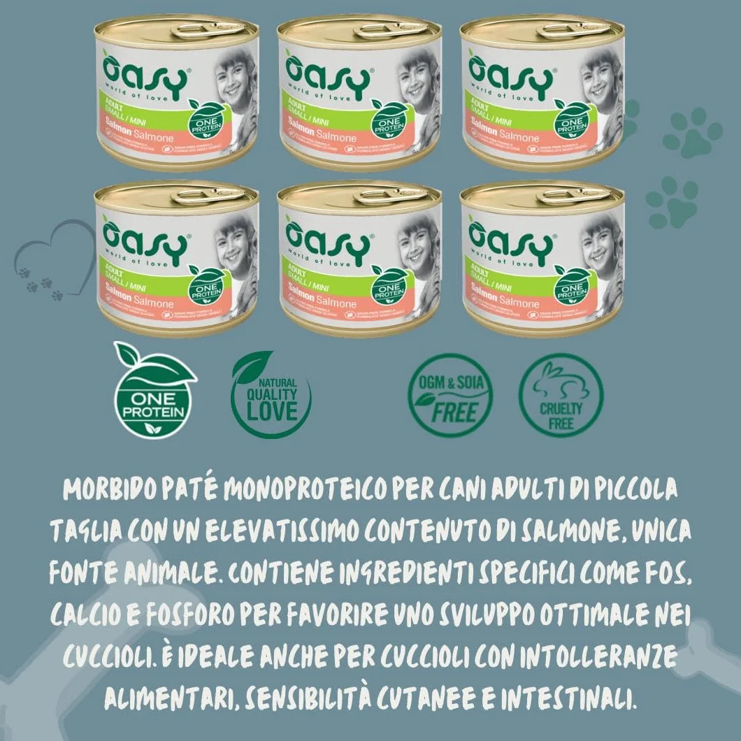 Oasy umido cane adulto monoproteico, alimento completo per cani adulti di taglia piccola (small) gusto SALMONE | 6 scatolette da 200 grammi l’una.