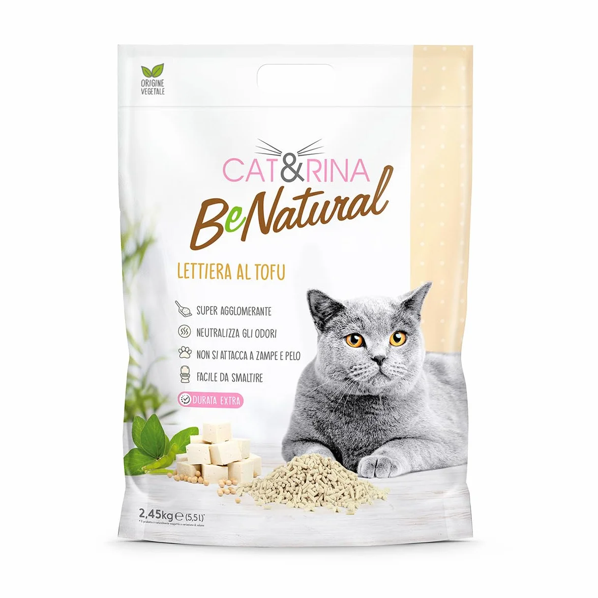 Cat&Rina BeNatural, lettiera per gatti al tofu da 5,5l. Lettiera gatto agglomerante di origine vegetale. Fino a 30 giorni di utilizzo. Si smaltisce nell'organico o nel wc. Sabbia gatti classica.