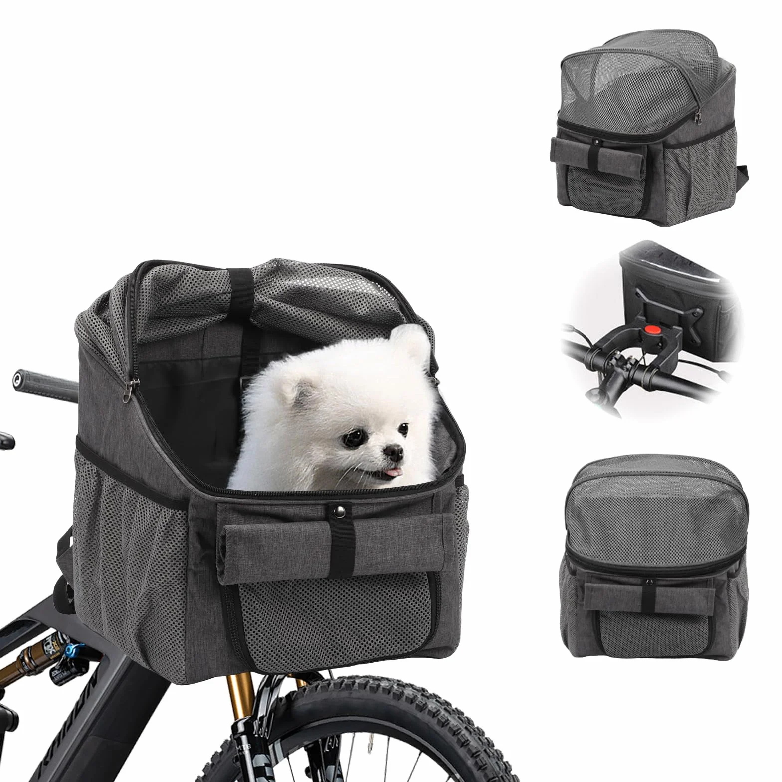 Bigking Borsa per Bicicletta per Animali Domestici, Cestino Anteriore per Cani, Cestino Pieghevole per Bicicletta, Adatto per Equitazione All'aperto E Campeggio Con Animali Domestici (Grigio)