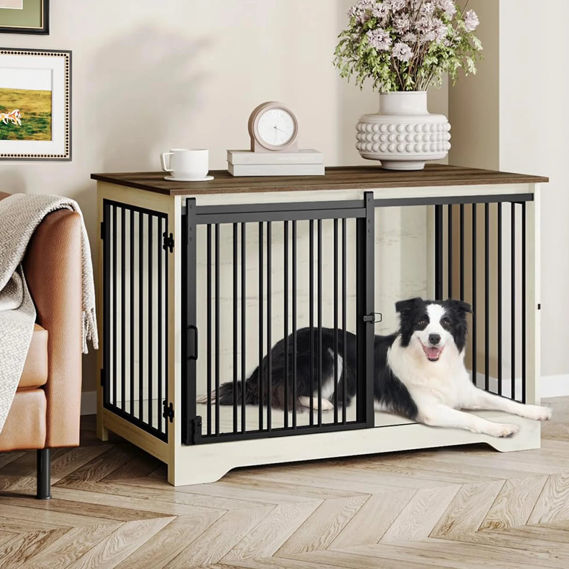 Hzuaneri 100cm Gabbia per Cani, Tavolo Supplemento, Nicchia Moderna per Cani, Gabbia per Cuccioli, Casetta per Animali, 2 porte, 60 x 100 x 68 cm, Bianco e Marrone DFC02314B