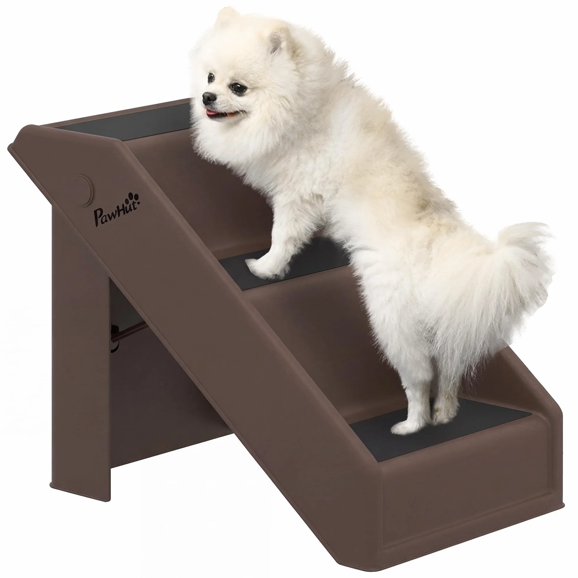 PawHut Scaletta per Cani e Gatti Pieghevole 3 Scalini Antiscivolo 10 kg 53x30.5x36.5 cm Marrone
