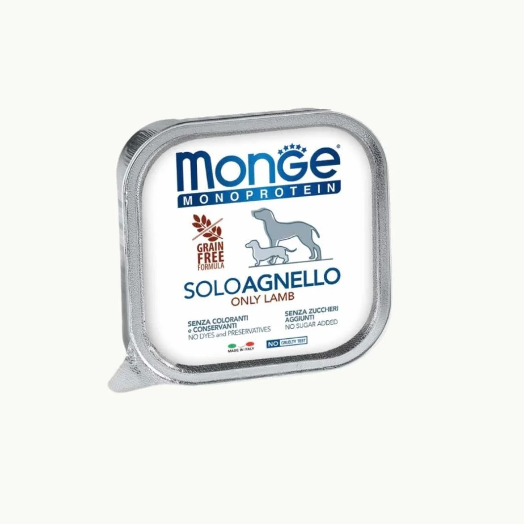 Monge Monoprotein umido cane gusto SOLO AGNELLO formula grainfree | 12 vaschette da 150 grammi l'una.