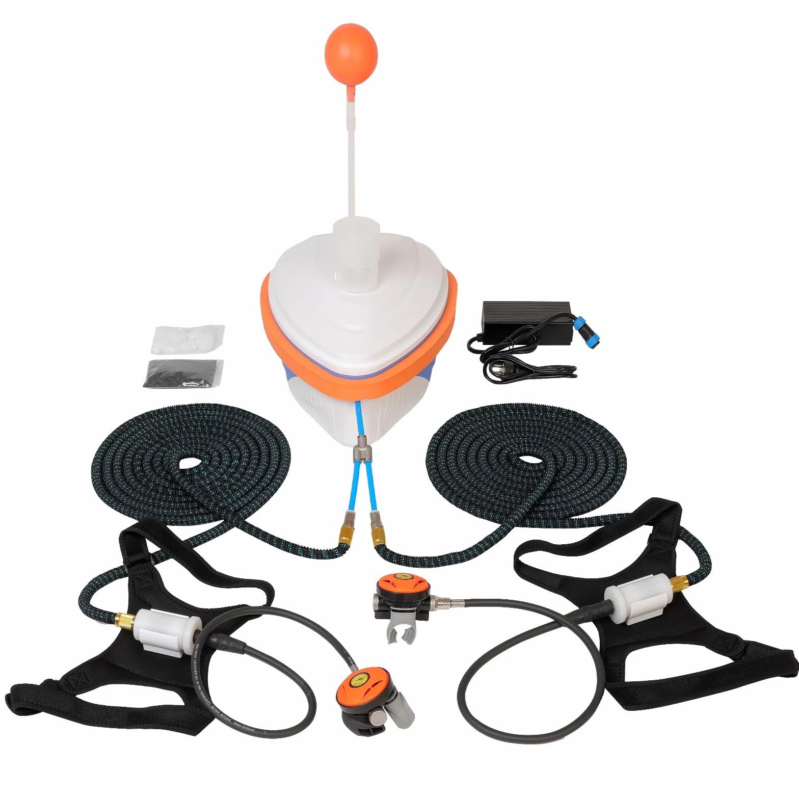 Sistema per Immersione Subacquea, Supporta 2 Subacquei, Ricaricabile a Batteria Ventilatore per Immersioni, Sistema di Immersione 2 Tubi da 18 M con Regolatori, Autonomia 5–6 h / 7–10 h