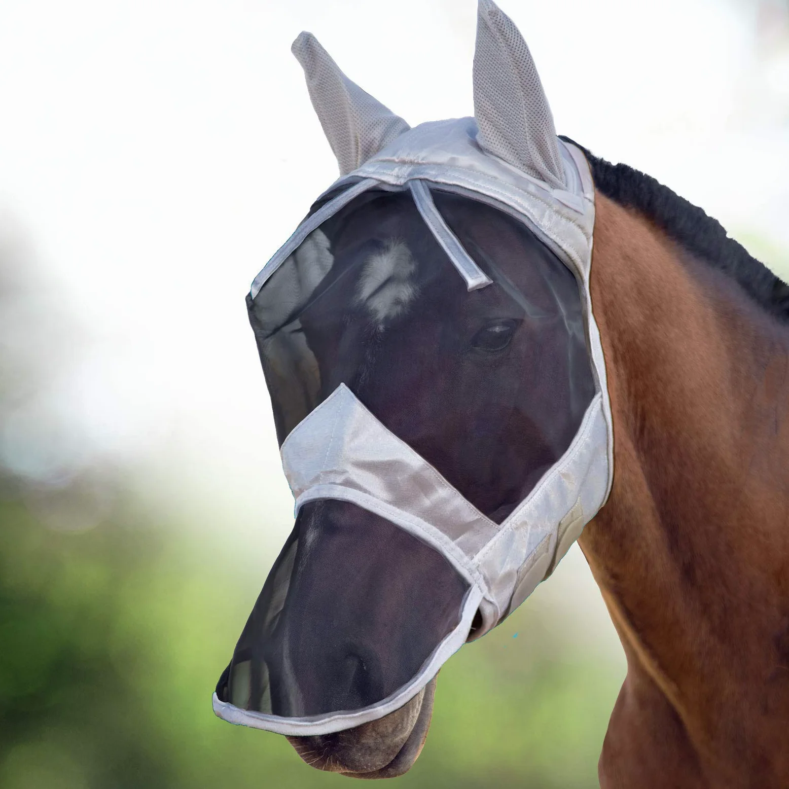 Harrison Howard CareMaster Maschera Anti-Mosche per Cavallo UV Protezione Pieno Volto Argento/Nero