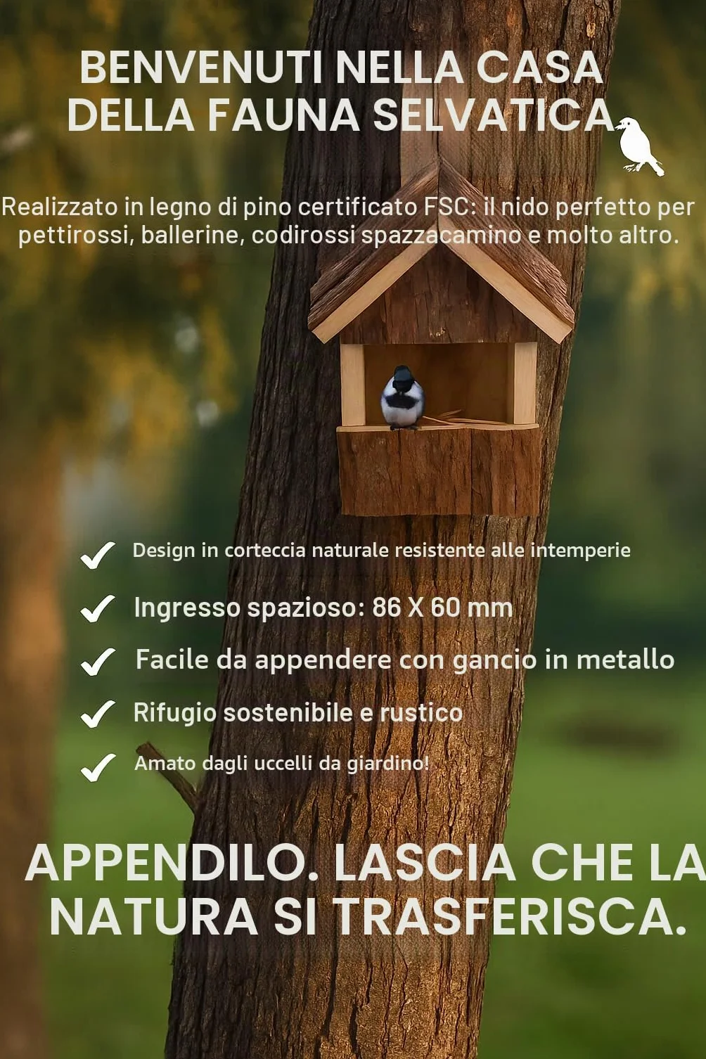 Flamingo Cortesa Inclino Cassetta nido per uccelli in legno di pino FSC 14x13x20cm resistente alle intemperie