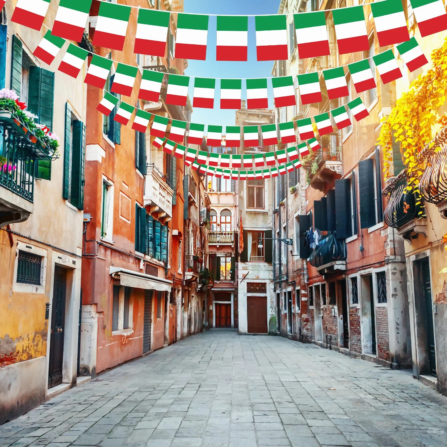 Bandiera Italia 16m Ghirlanda con 60 Bandiere per Decorazioni Eventi Patriottici
