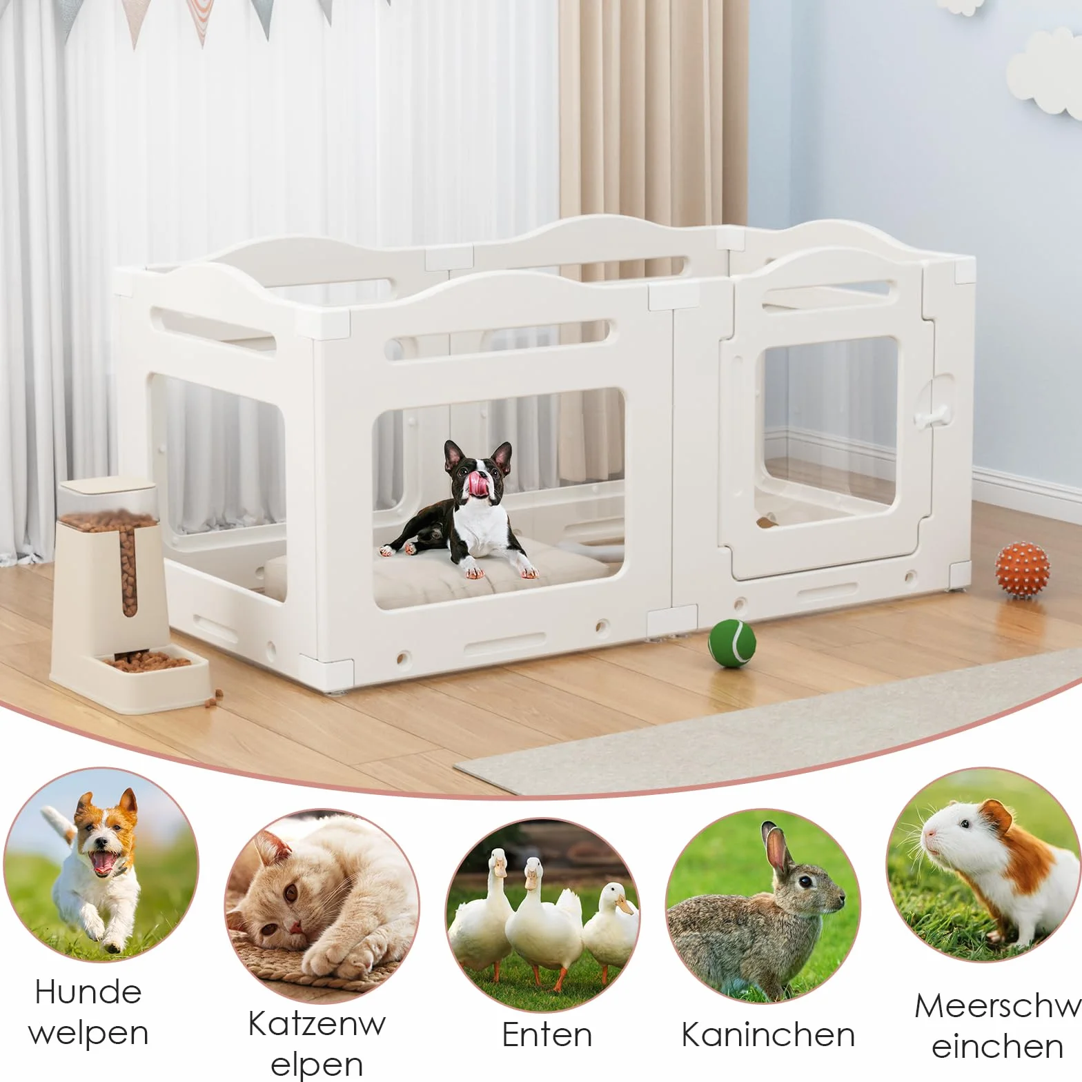 Clevich Recinto per Cani da Interno in Acrilico 129 × 68 × 60 cm, 5 PCS +1 Pannelli con Porta a Chiusura, Recinto per Cani Pieghevole con Ventose, Parco adatto per Appartamento, Bianco