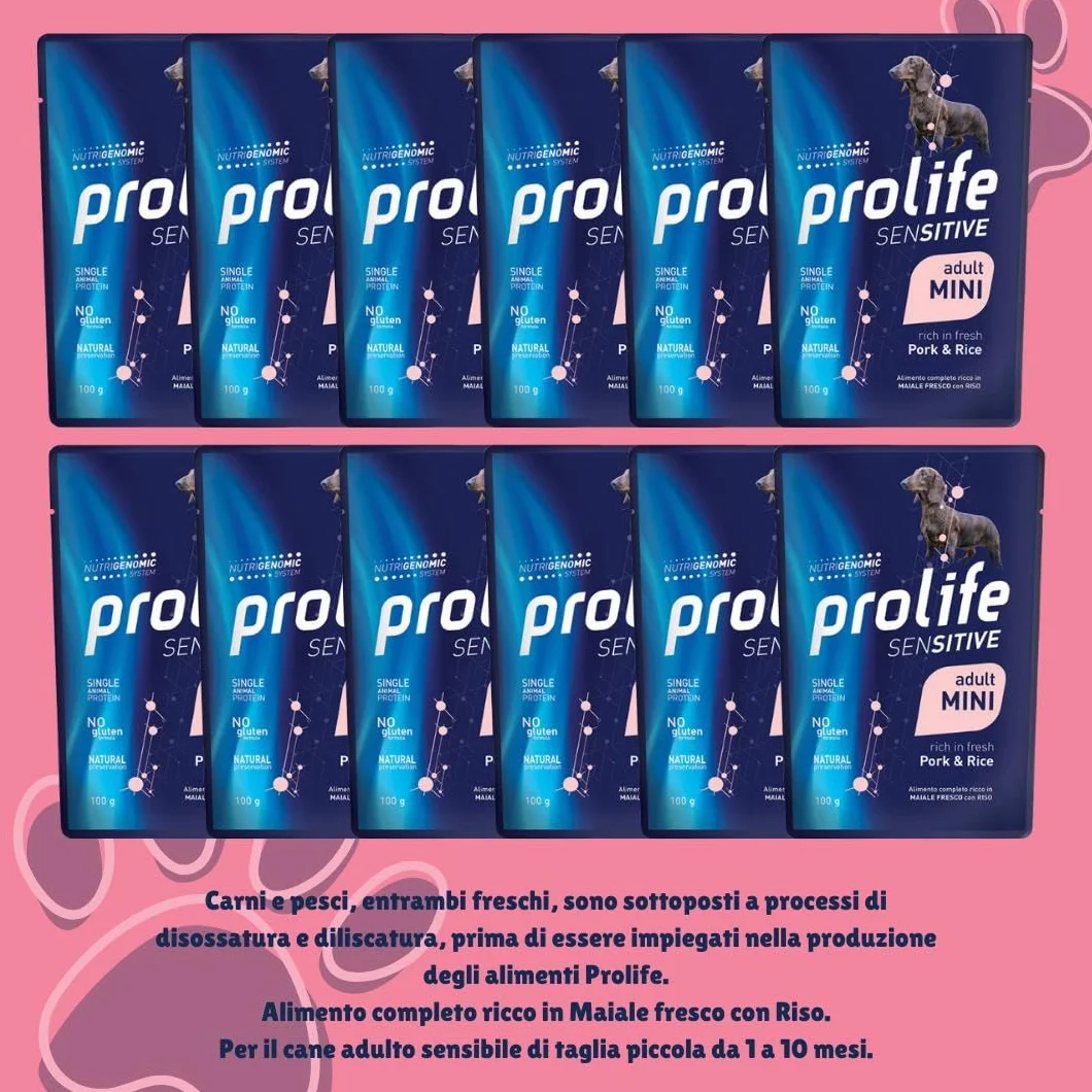 Prolife Umido Cane Sensitive Adult Small Mini 100gr, alimento completo per cani Adulti di tutte le taglie gusto MAIALE e RISO | 12 bustine da 100 grammi l’una.