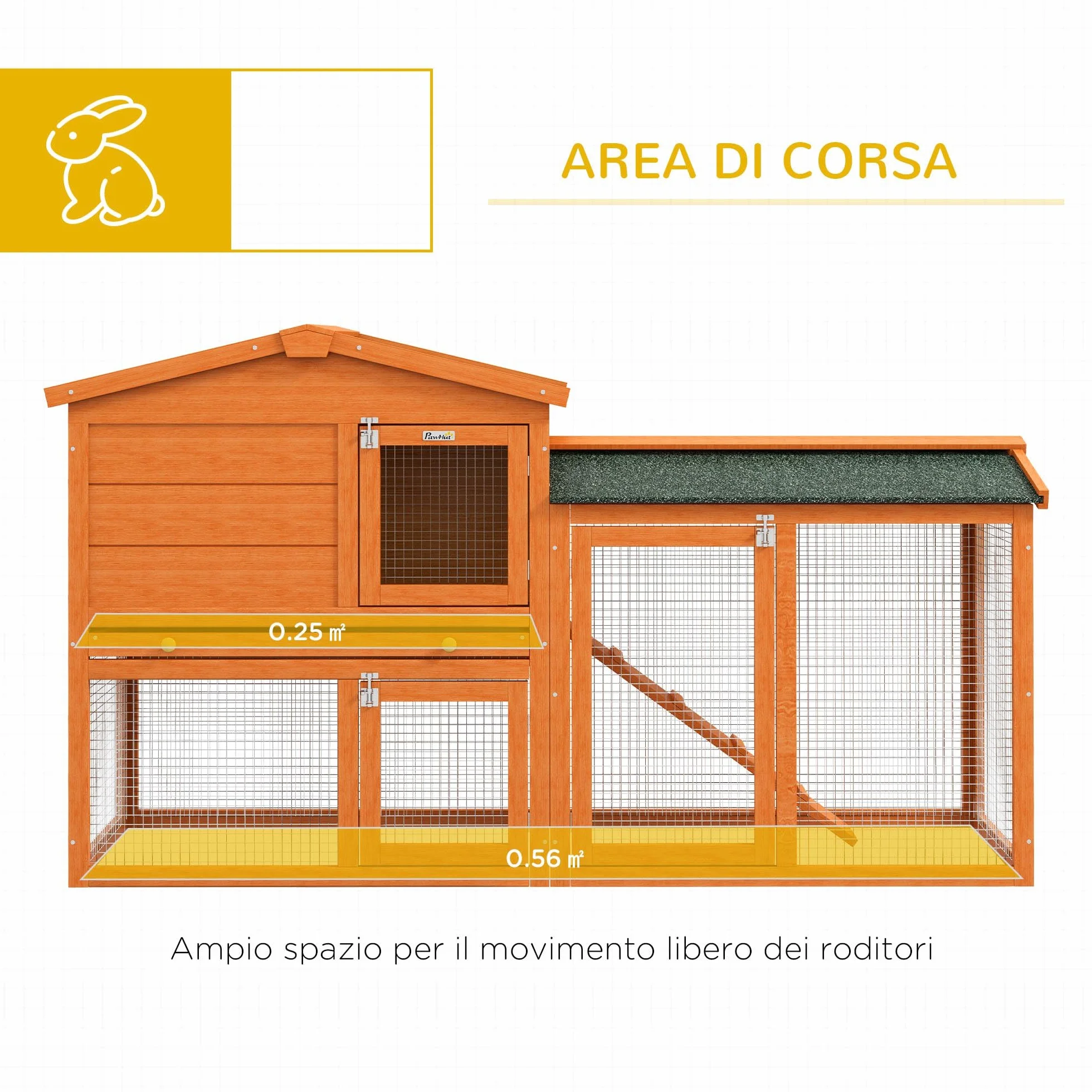 PawHut Conigliera a 2 Piani da Esterno, Gabbia per Animali Domestici in Legno di Abete e Filo di Metallo, 150x45x85 cm, Arancione